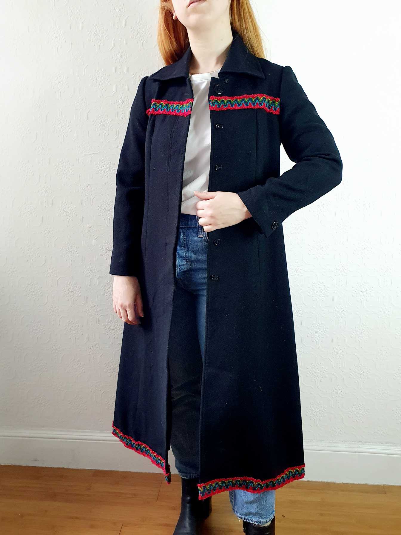Vintage 70s Black Wool Coat with Embroidery Detail - XS - Image 2