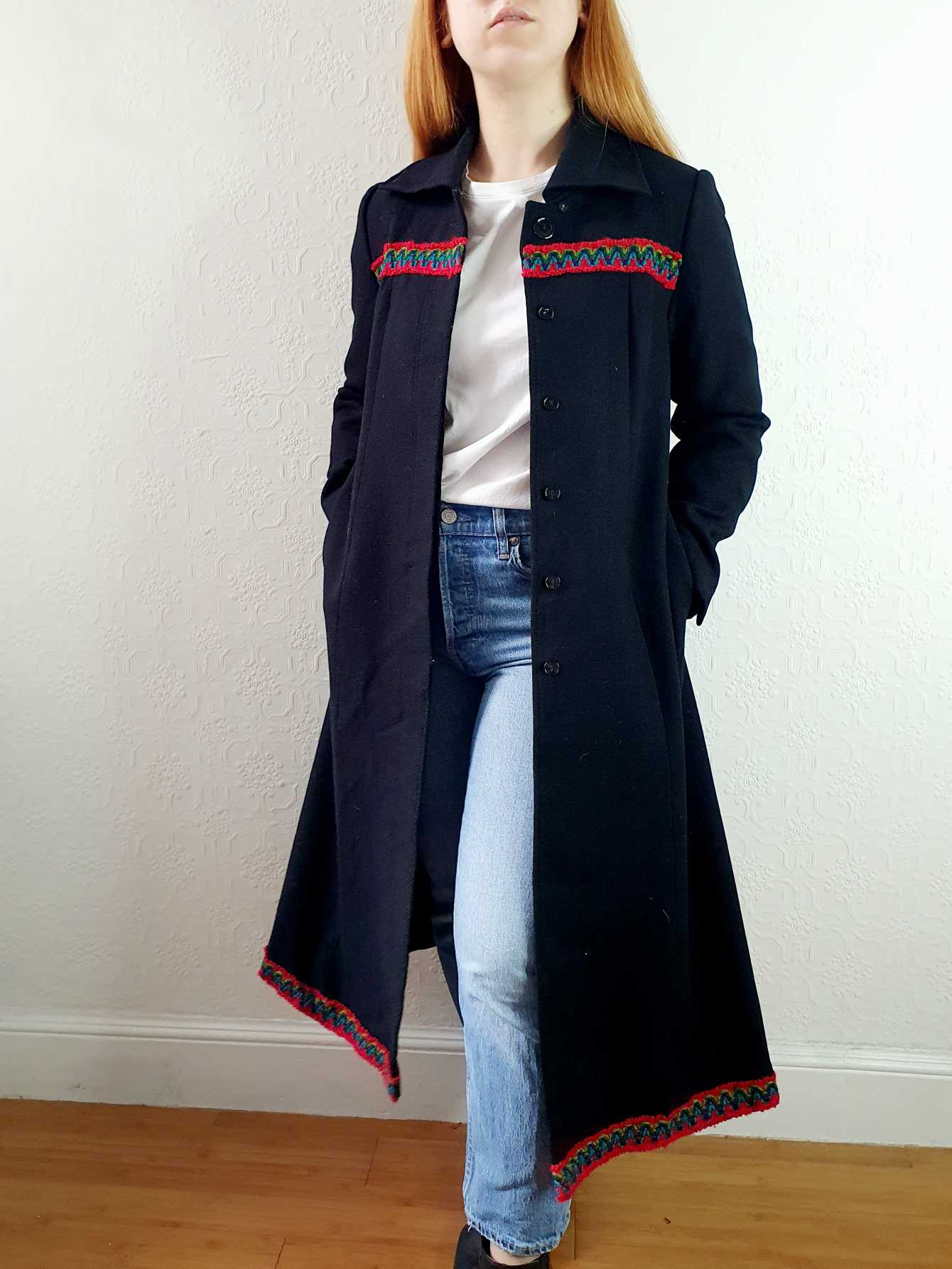 Vintage 70s Black Wool Coat with Embroidery Detail - XS - Image 3