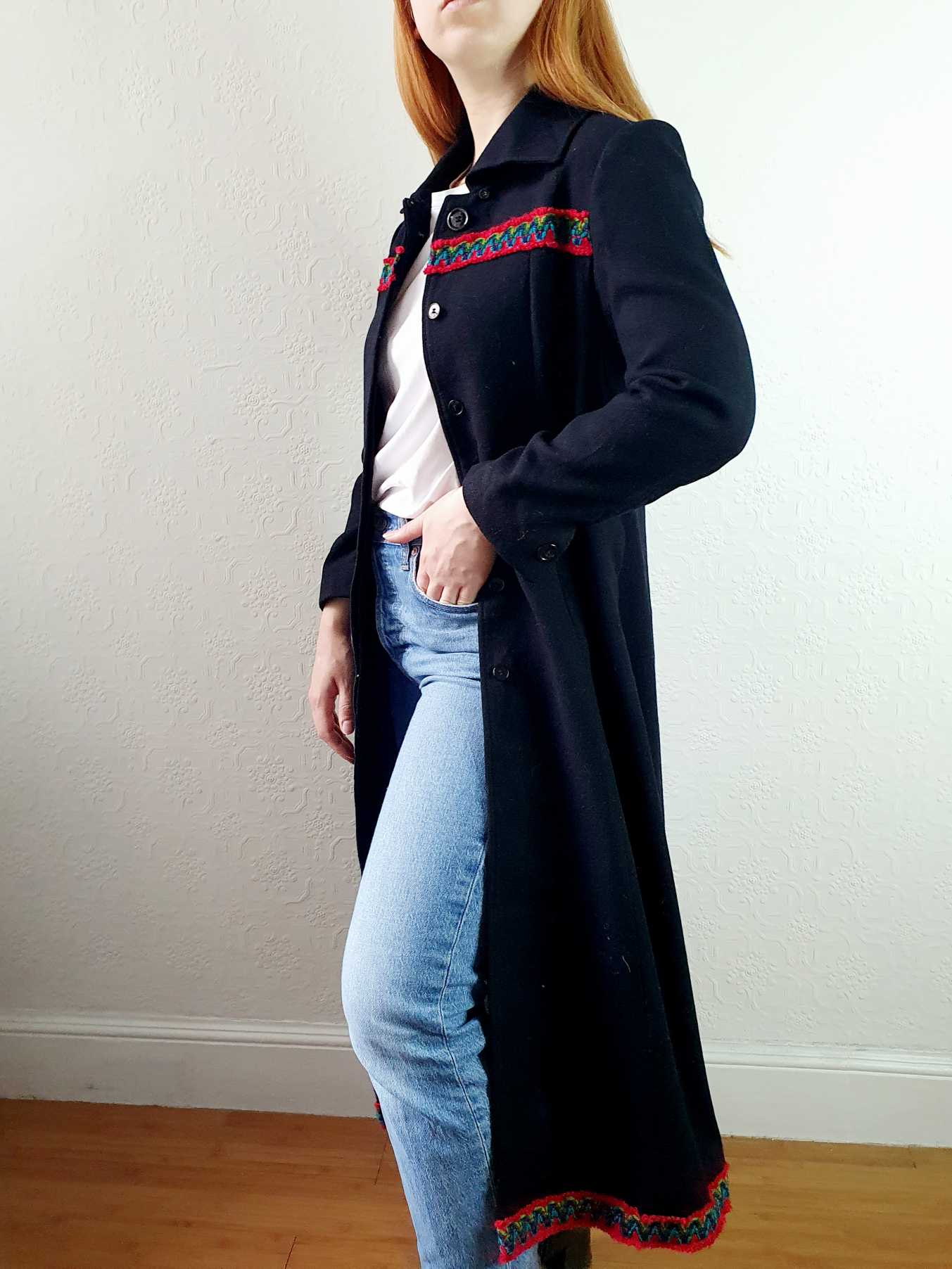 Vintage 70s Black Wool Coat with Embroidery Detail - XS - Image 8
