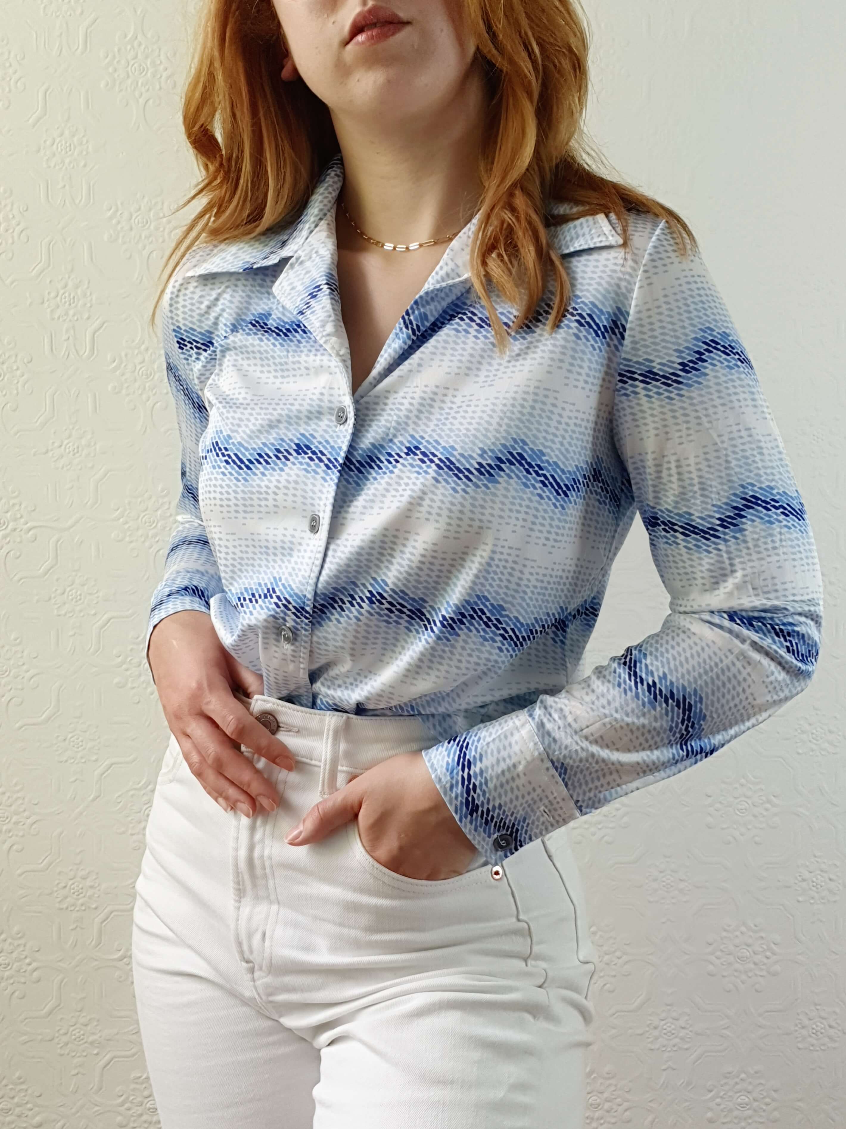 Vintage 70s Blue Abstract Long Sleeve Blouse - S