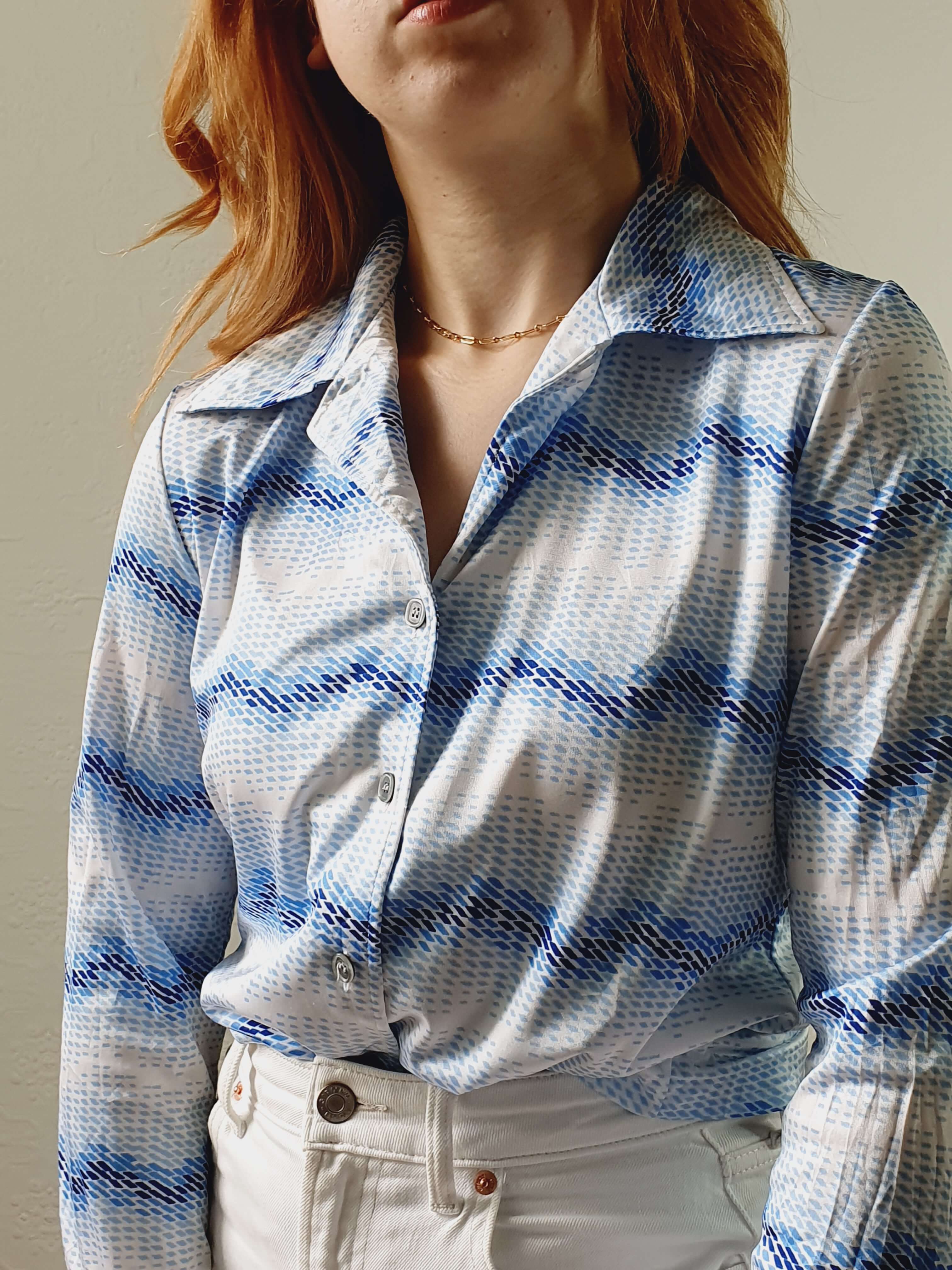 Vintage 70s Blue Abstract Long Sleeve Blouse - S - Image 2