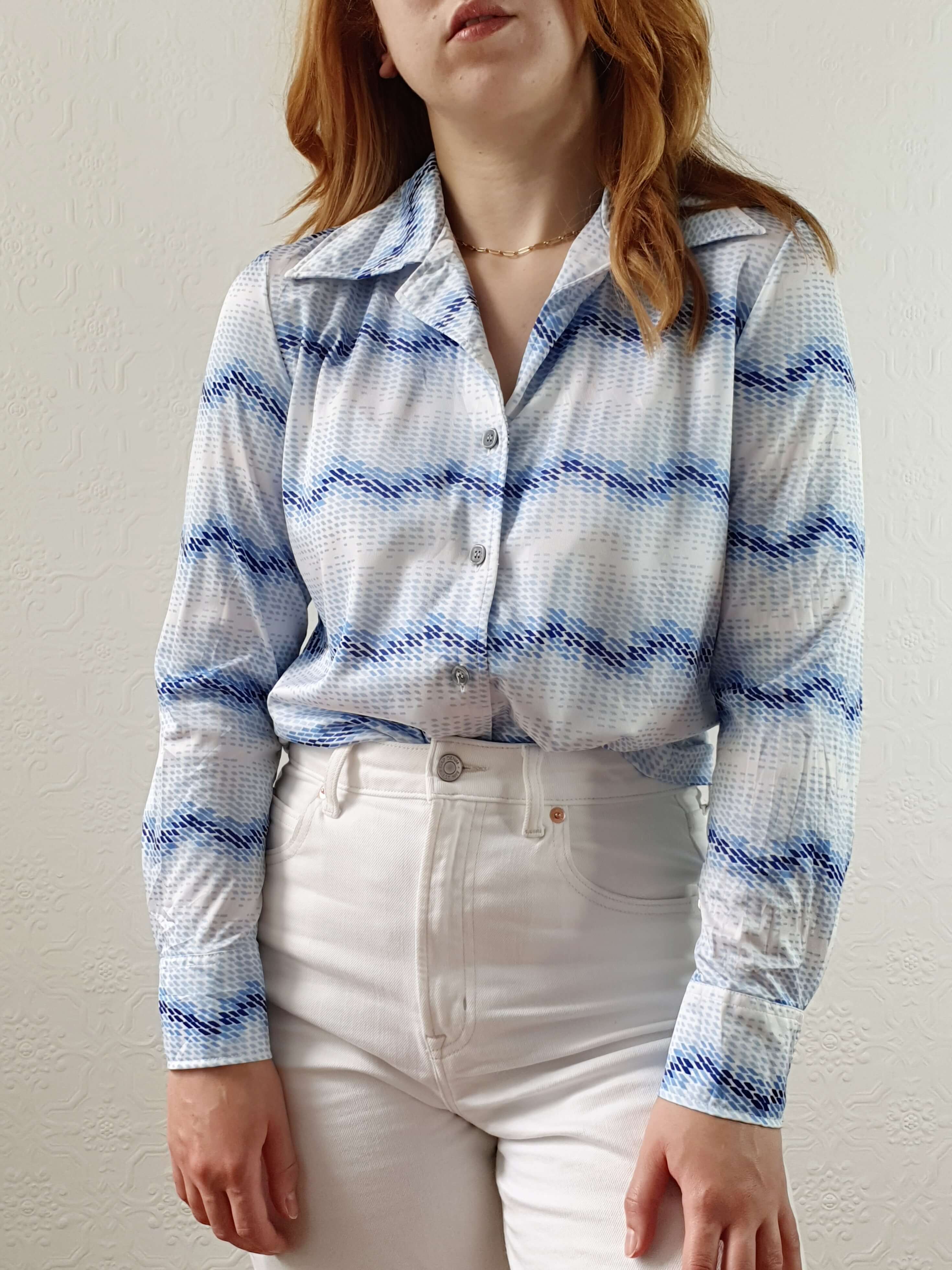 Vintage 70s Blue Abstract Long Sleeve Blouse - S - Image 3