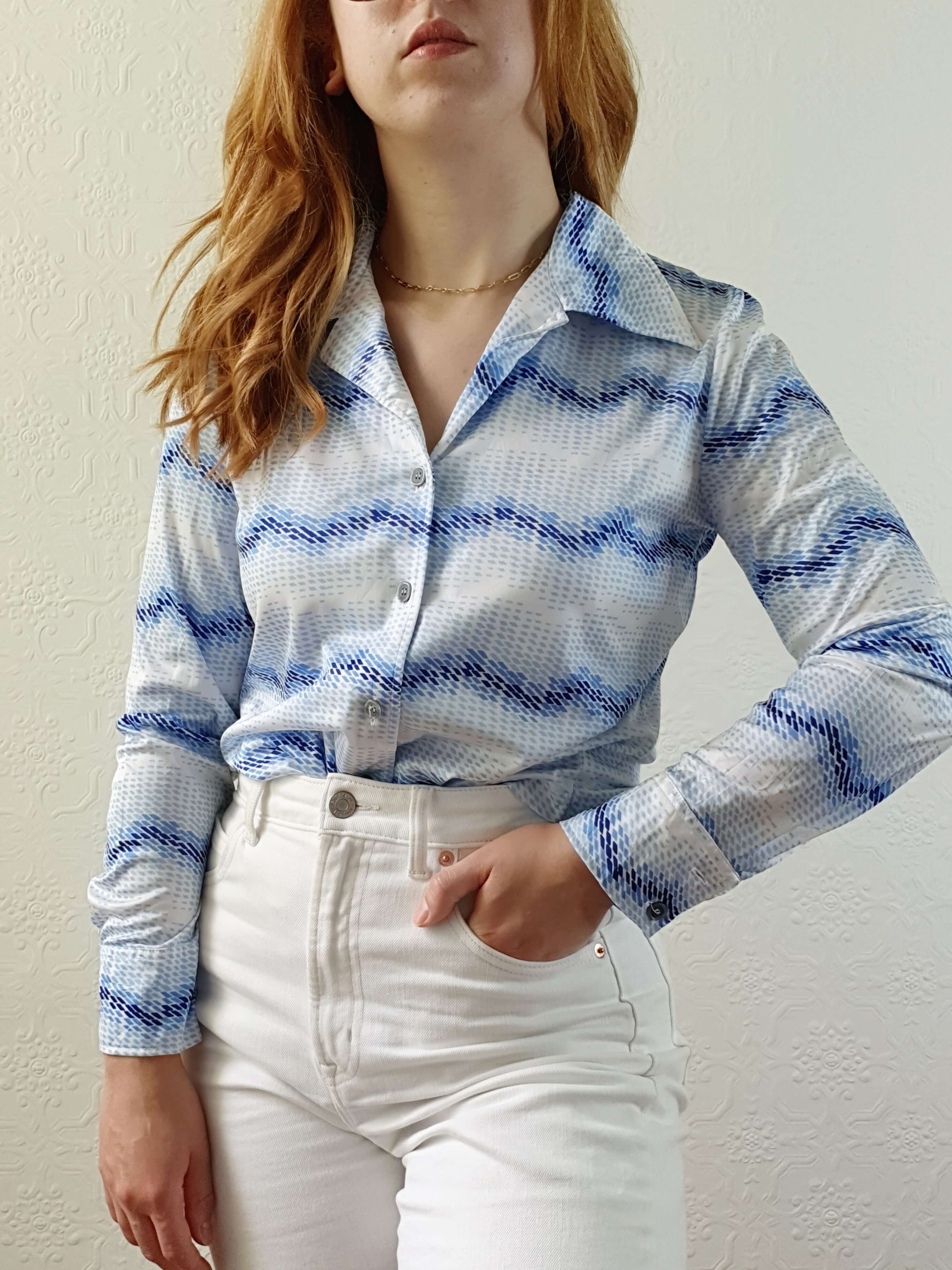 Vintage 70s Blue Abstract Long Sleeve Blouse - S - Image 4
