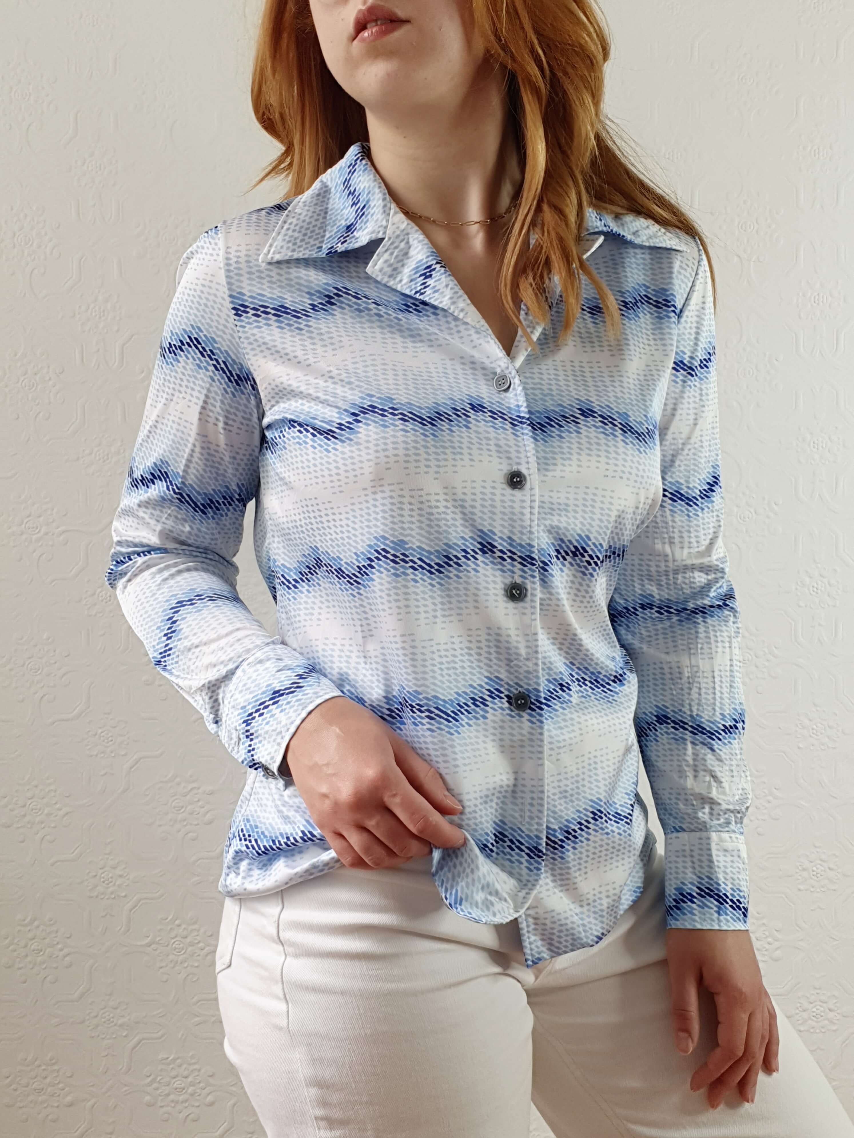 Vintage 70s Blue Abstract Long Sleeve Blouse - S - Image 5
