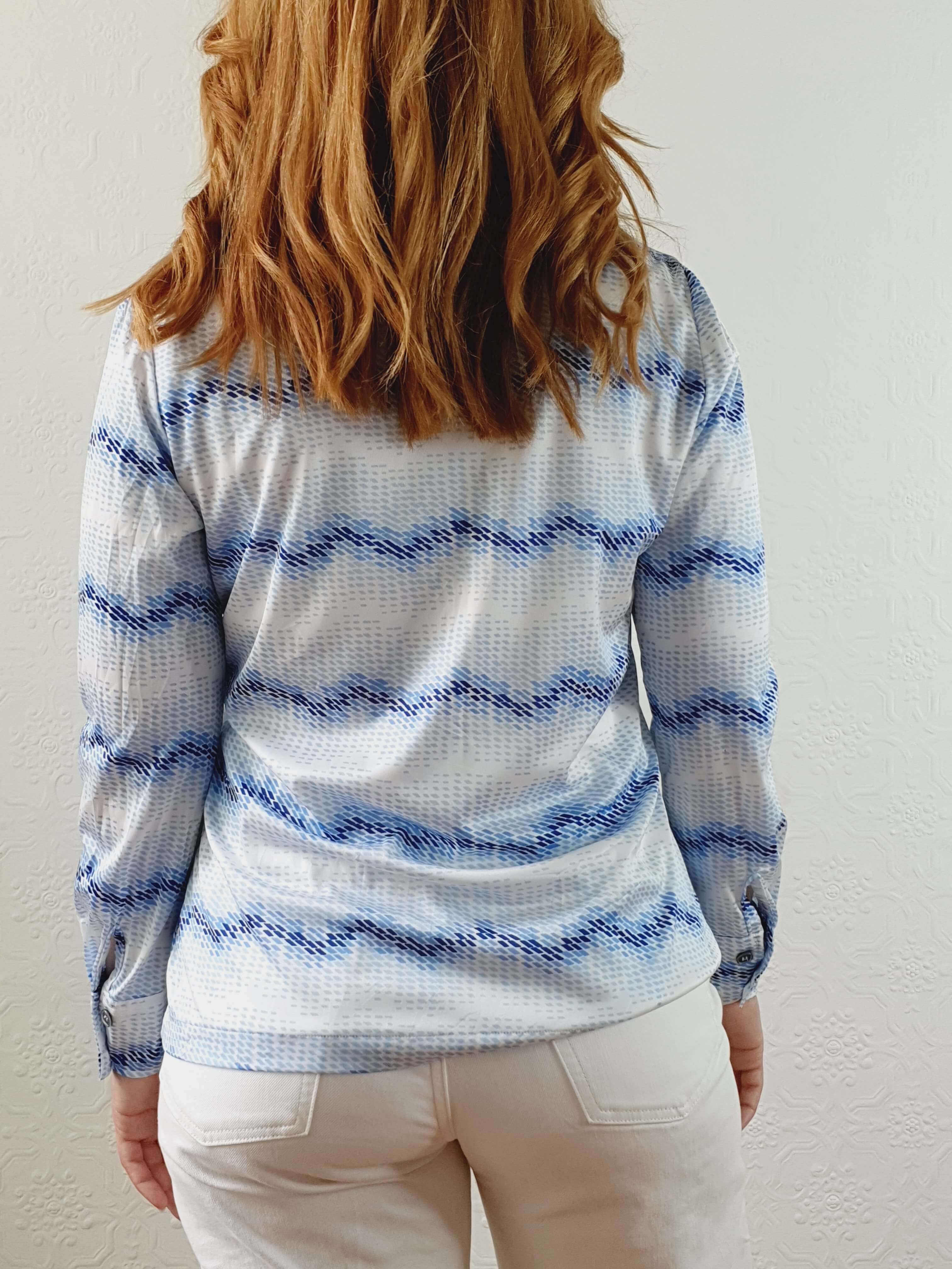 Vintage 70s Blue Abstract Long Sleeve Blouse - S - Image 6