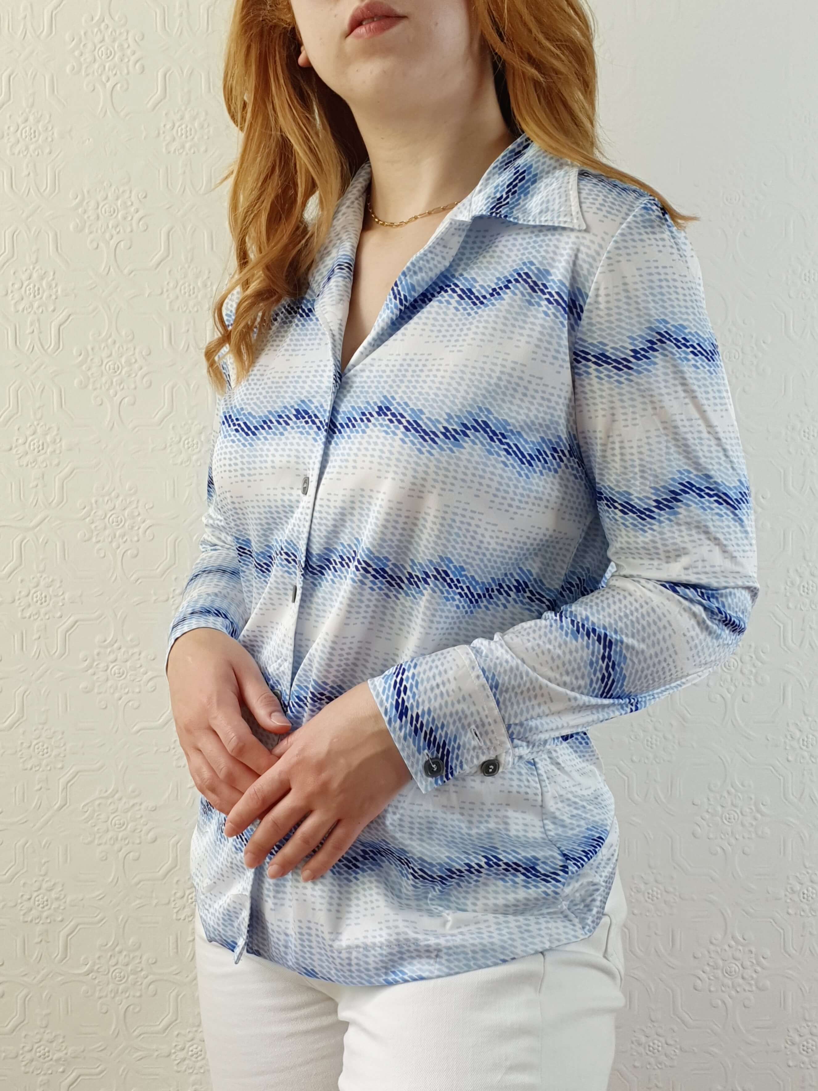 Vintage 70s Blue Abstract Long Sleeve Blouse - S - Image 7
