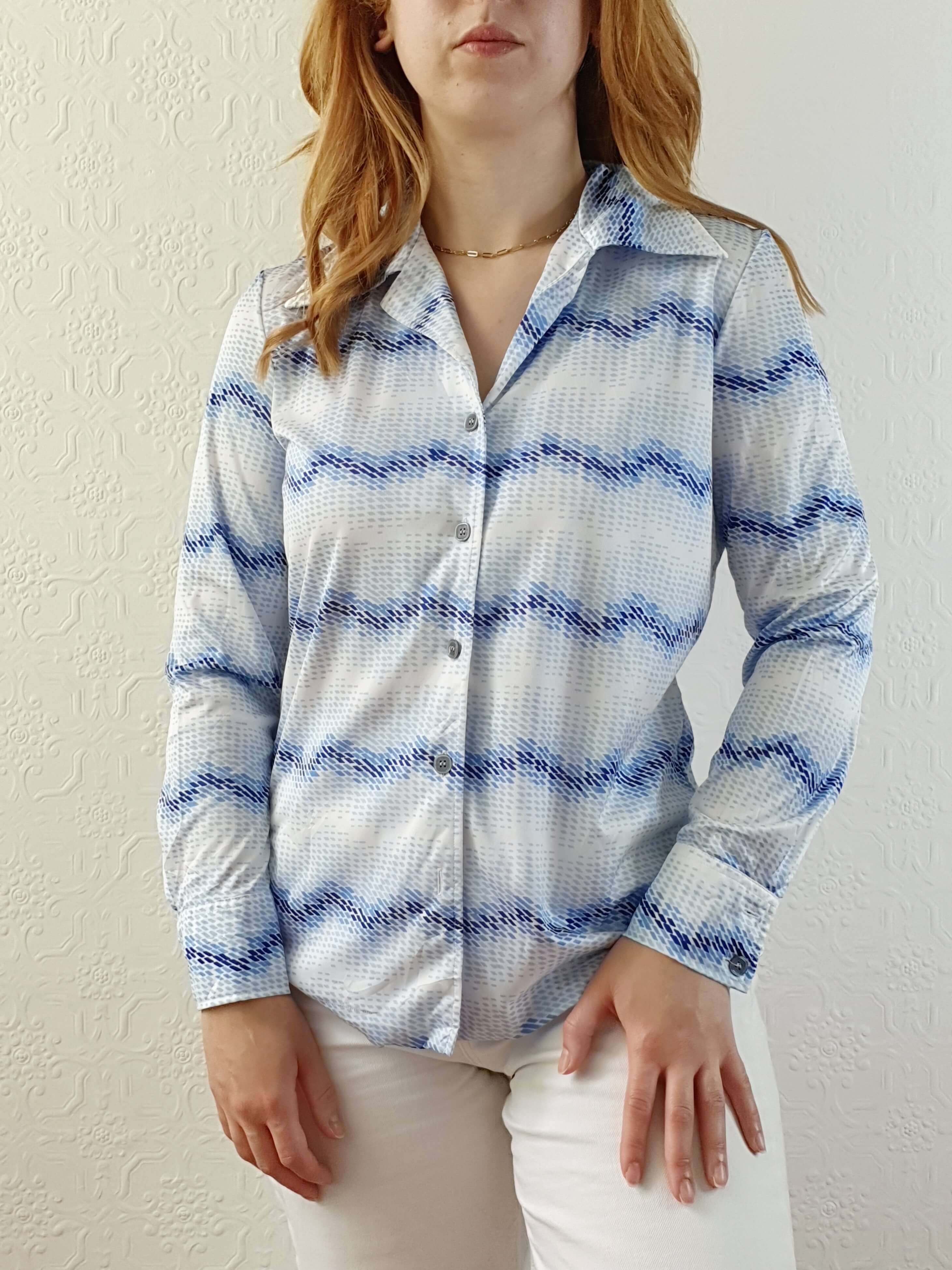 Vintage 70s Blue Abstract Long Sleeve Blouse - S - Image 9