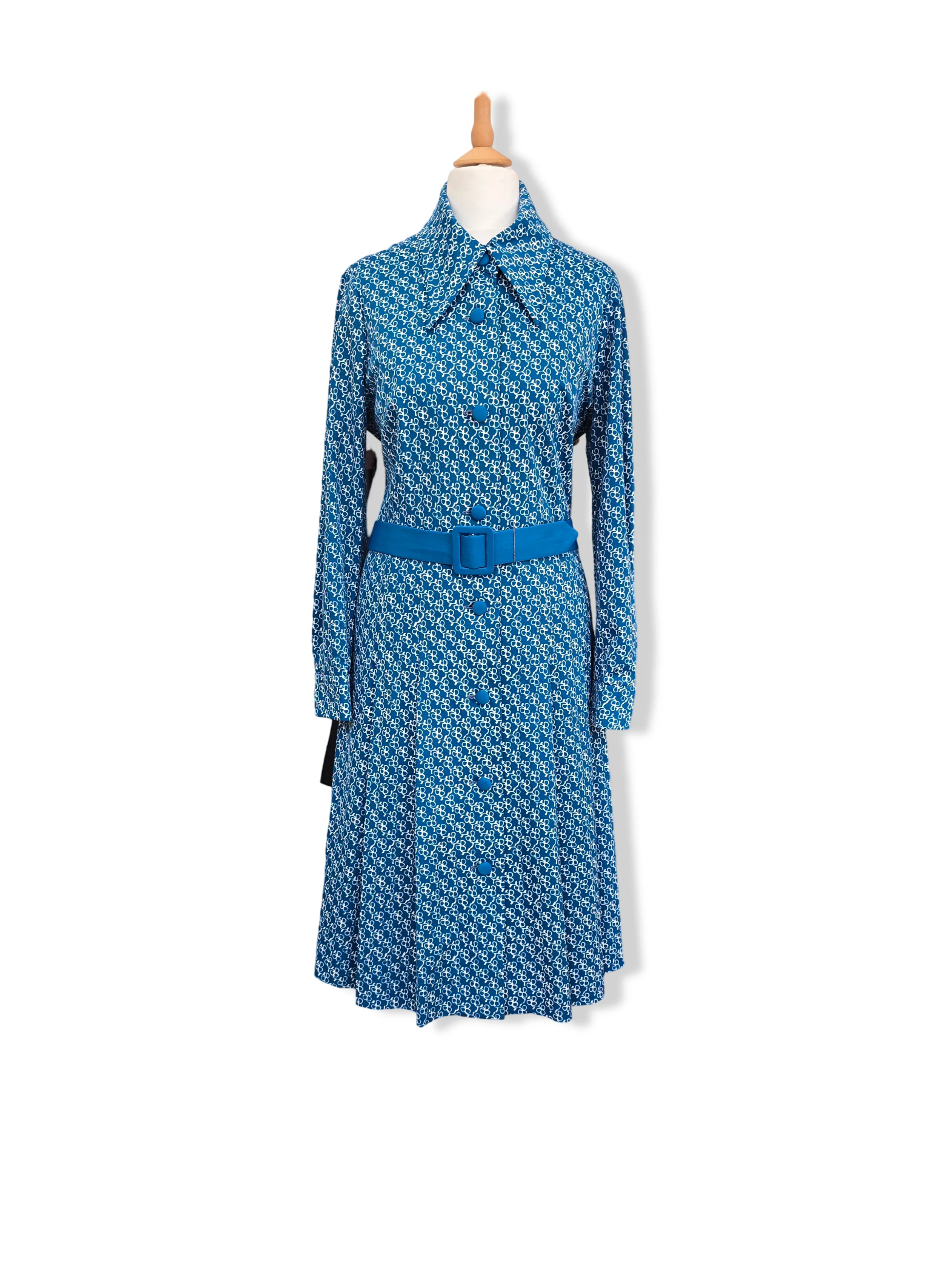 Vintage 70s Blue Button Up Print Midi Dress - M/L