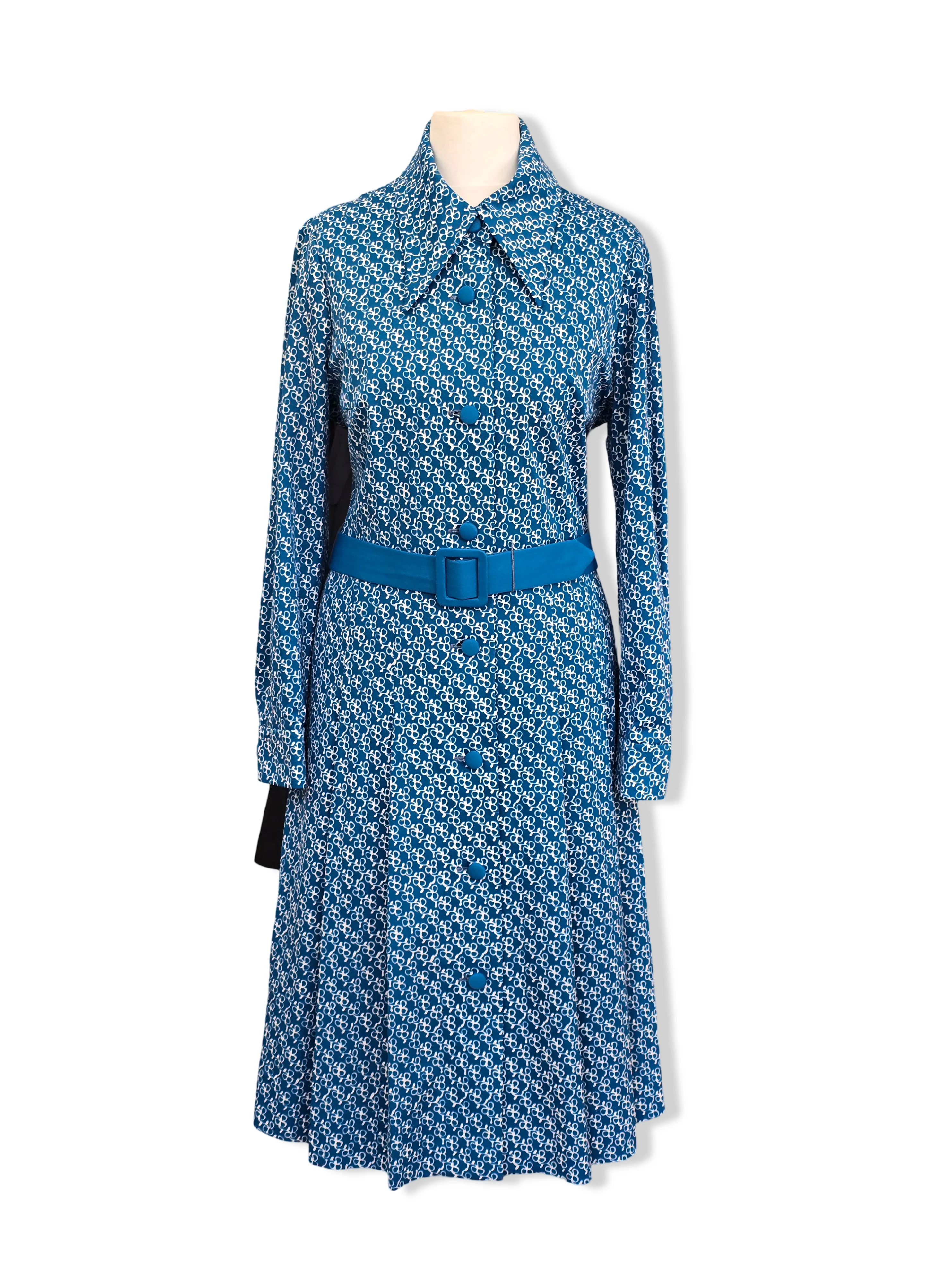Vintage 70s Blue Button Up Print Midi Dress - M/L - Image 3