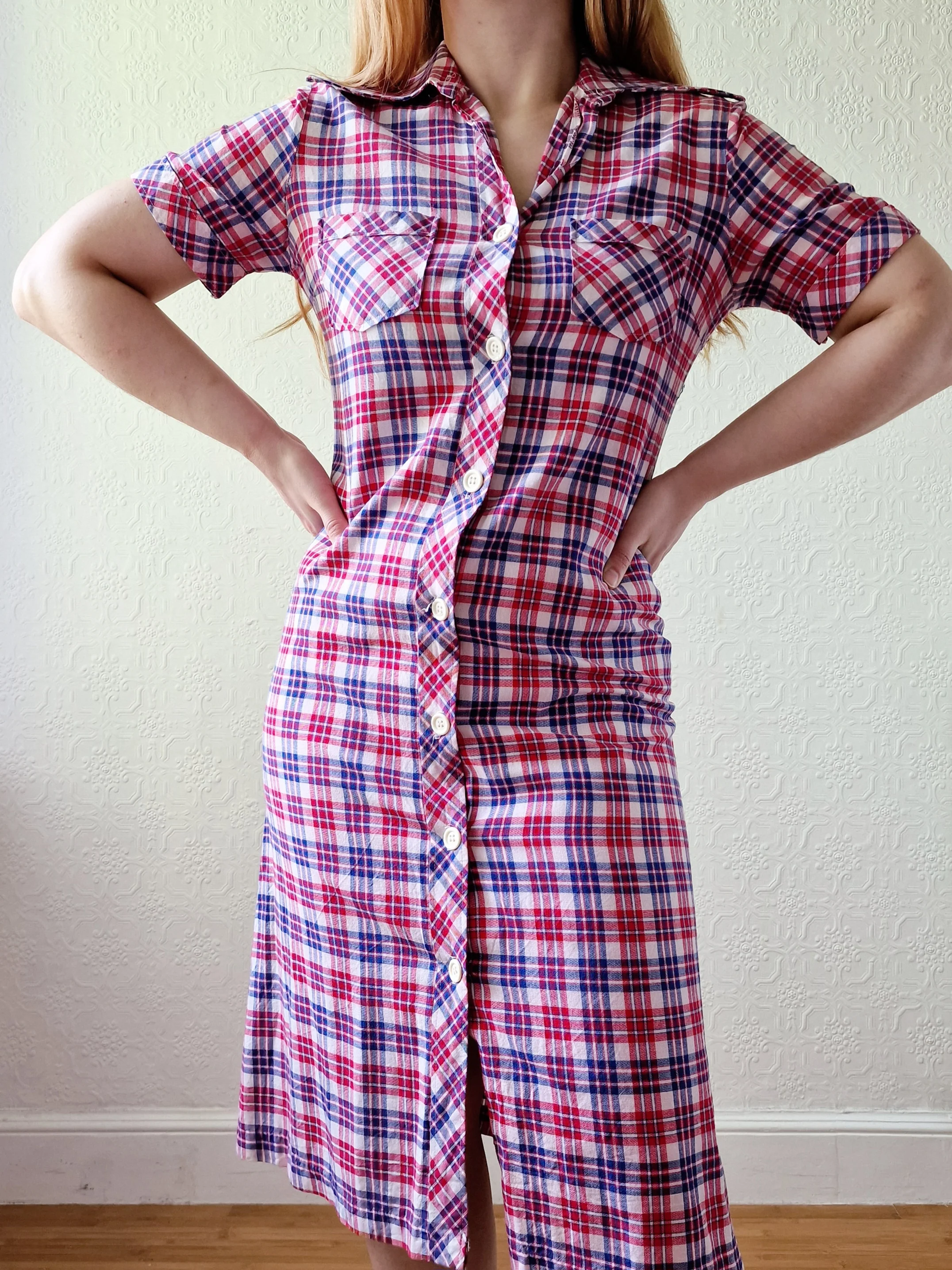 Vintage 70s Blue & Red Check Short Sleeve Shirt Dress - S - Image 2