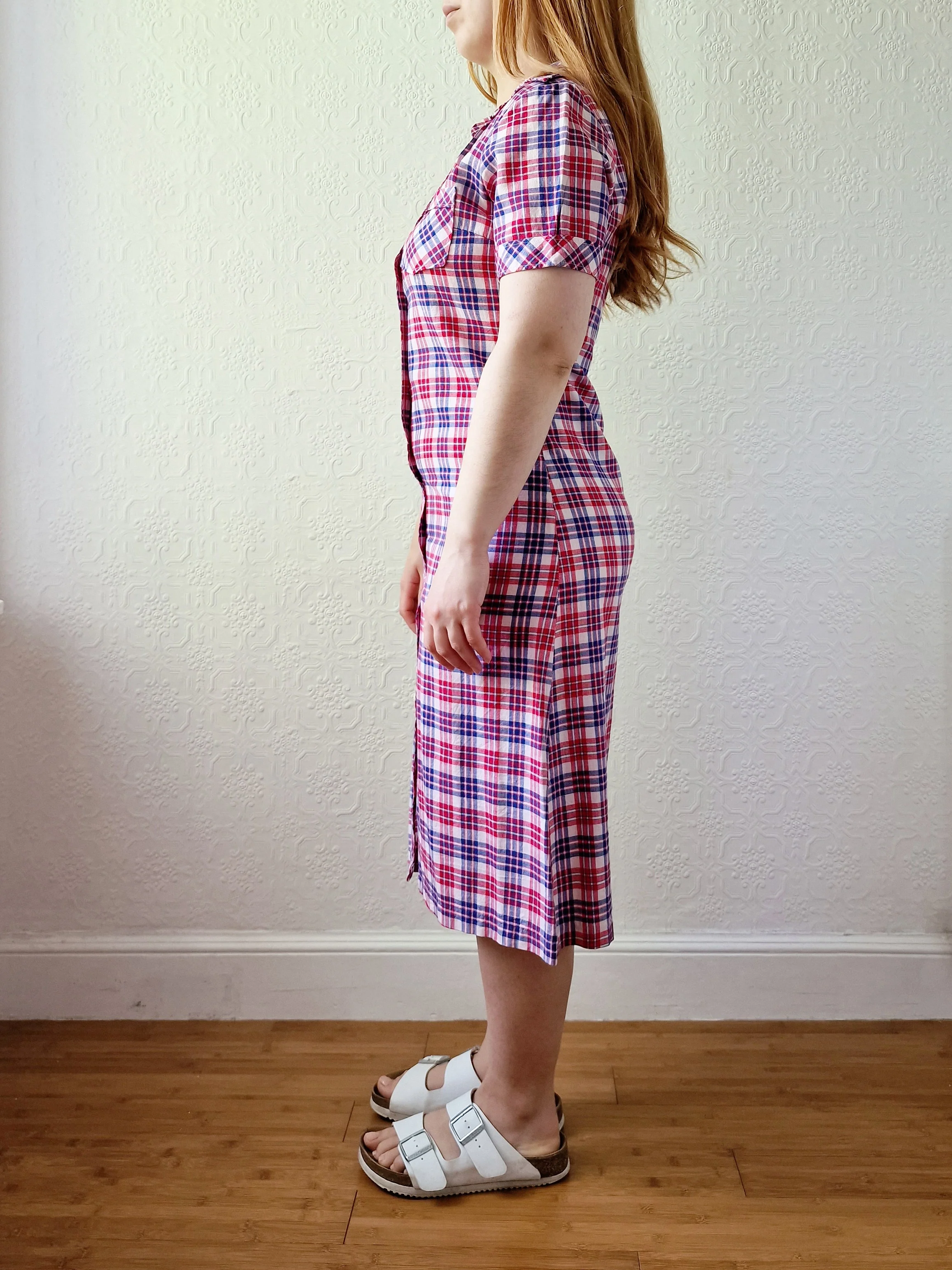 Vintage 70s Blue & Red Check Short Sleeve Shirt Dress - S - Image 3