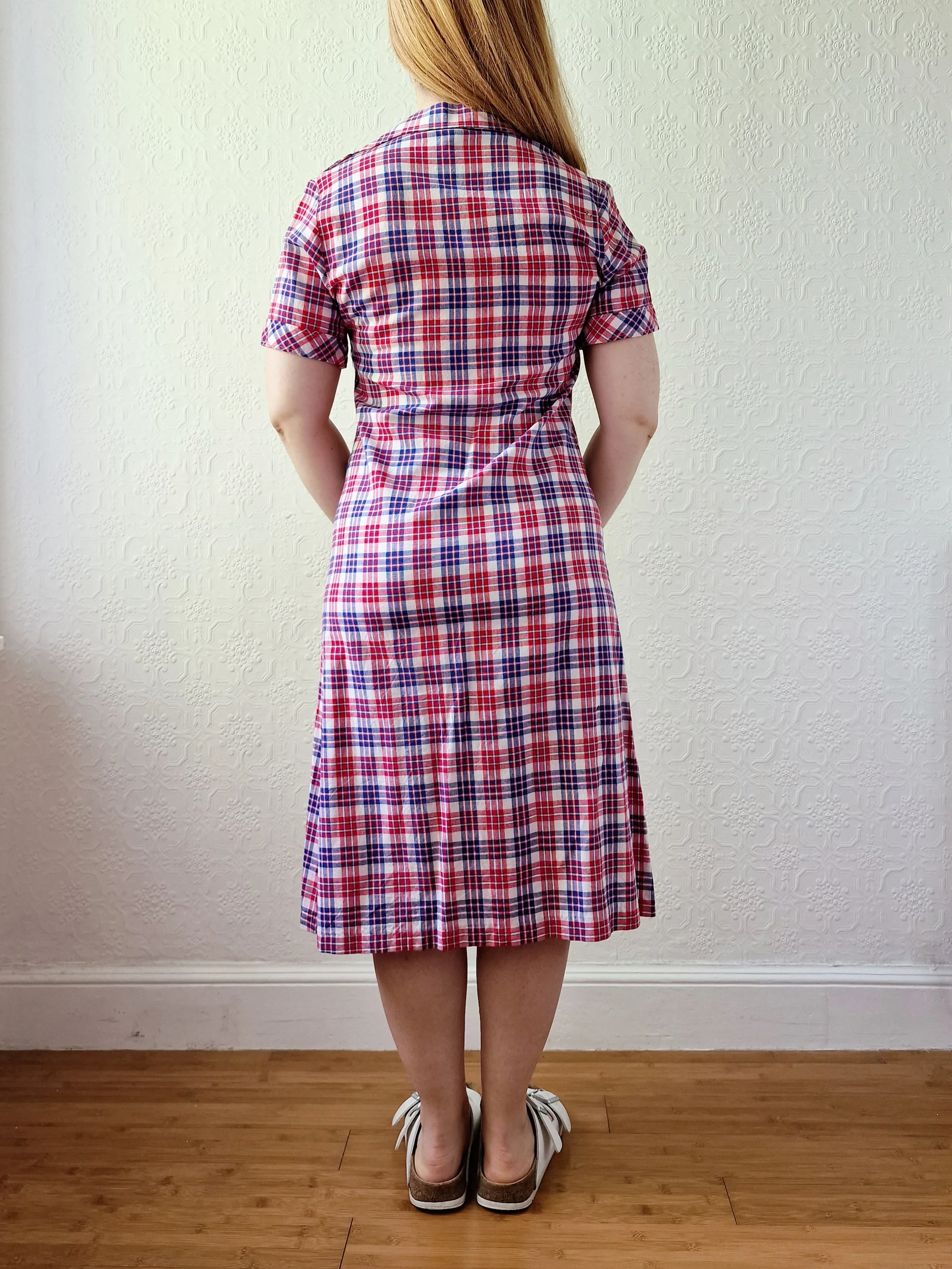 Vintage 70s Blue & Red Check Short Sleeve Shirt Dress - S - Image 4