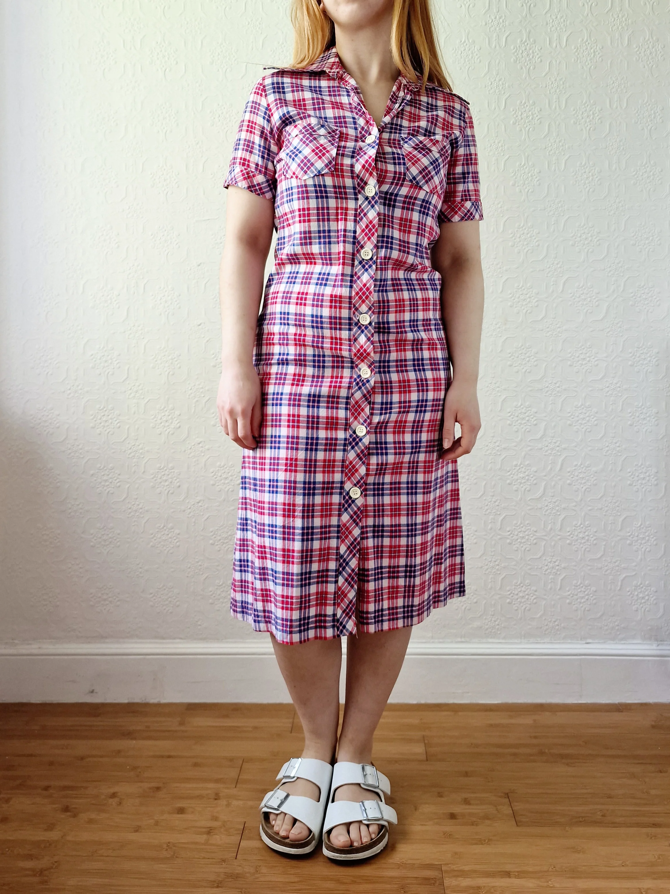 Vintage 70s Blue & Red Check Short Sleeve Shirt Dress - S - Image 6