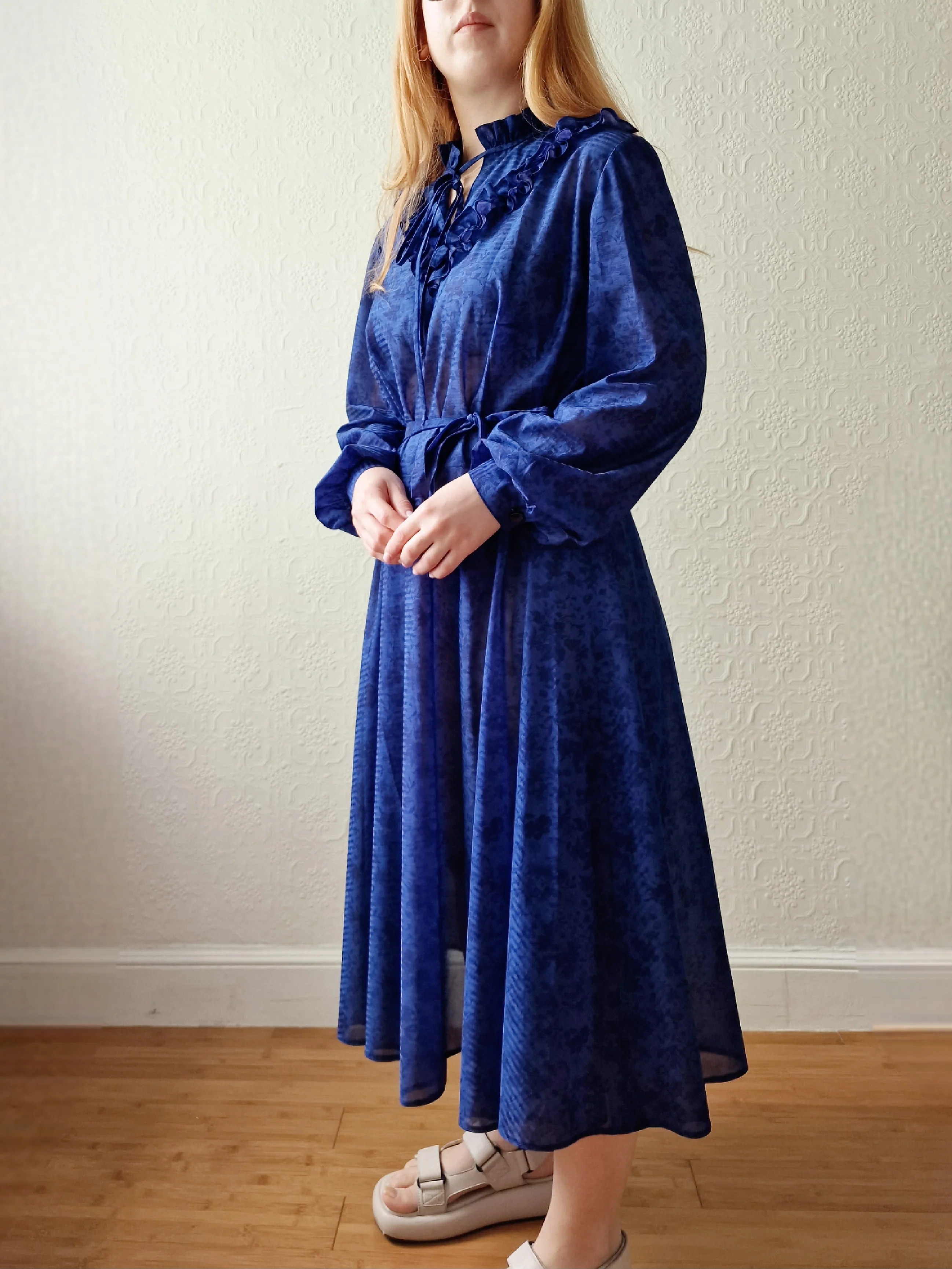 Vintage 70s Blue Ruffle Midi Dress with Long Sleeves - M/L - Image 3