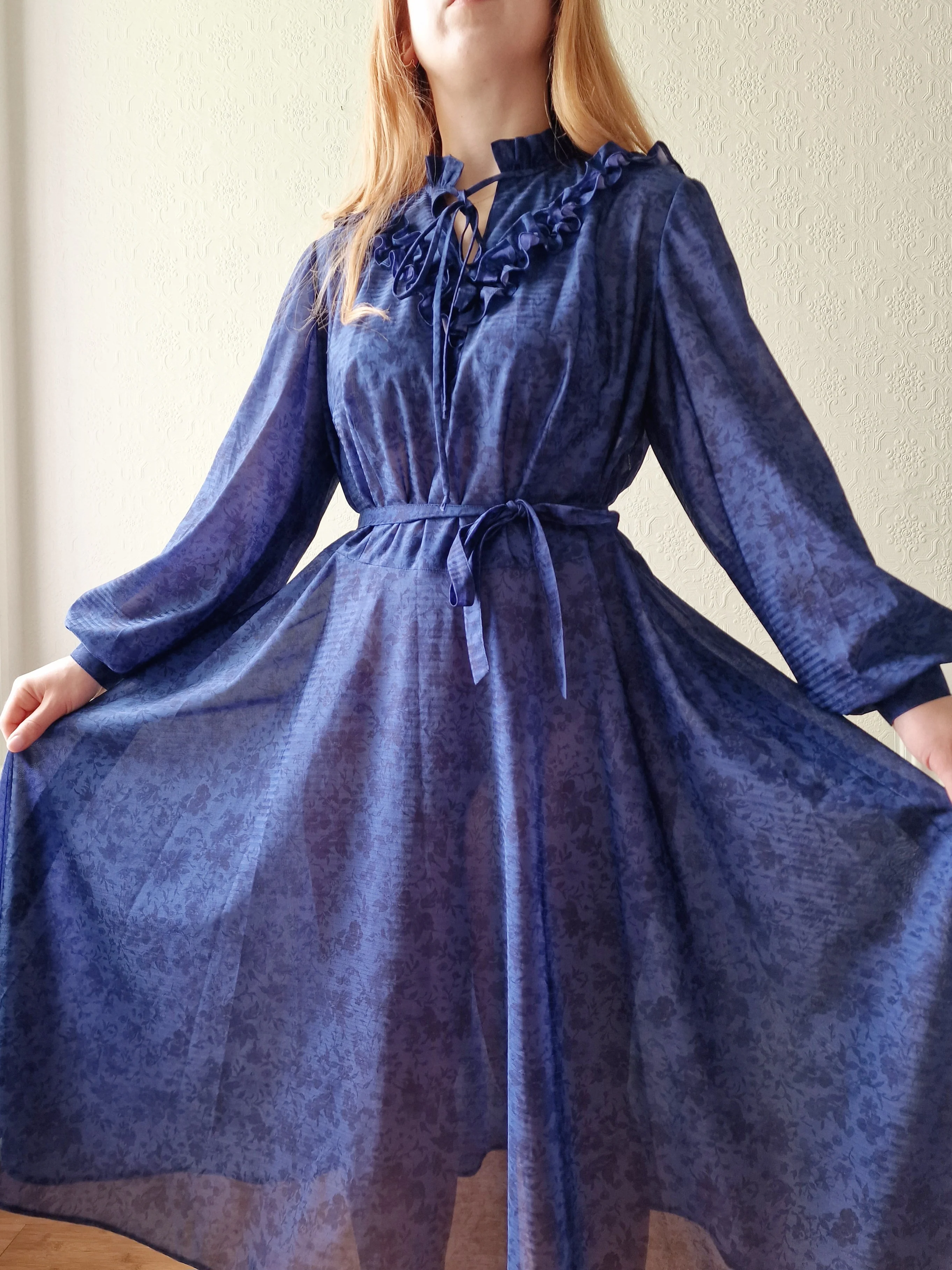 Vintage 70s Blue Ruffle Midi Dress with Long Sleeves - M/L - Image 6