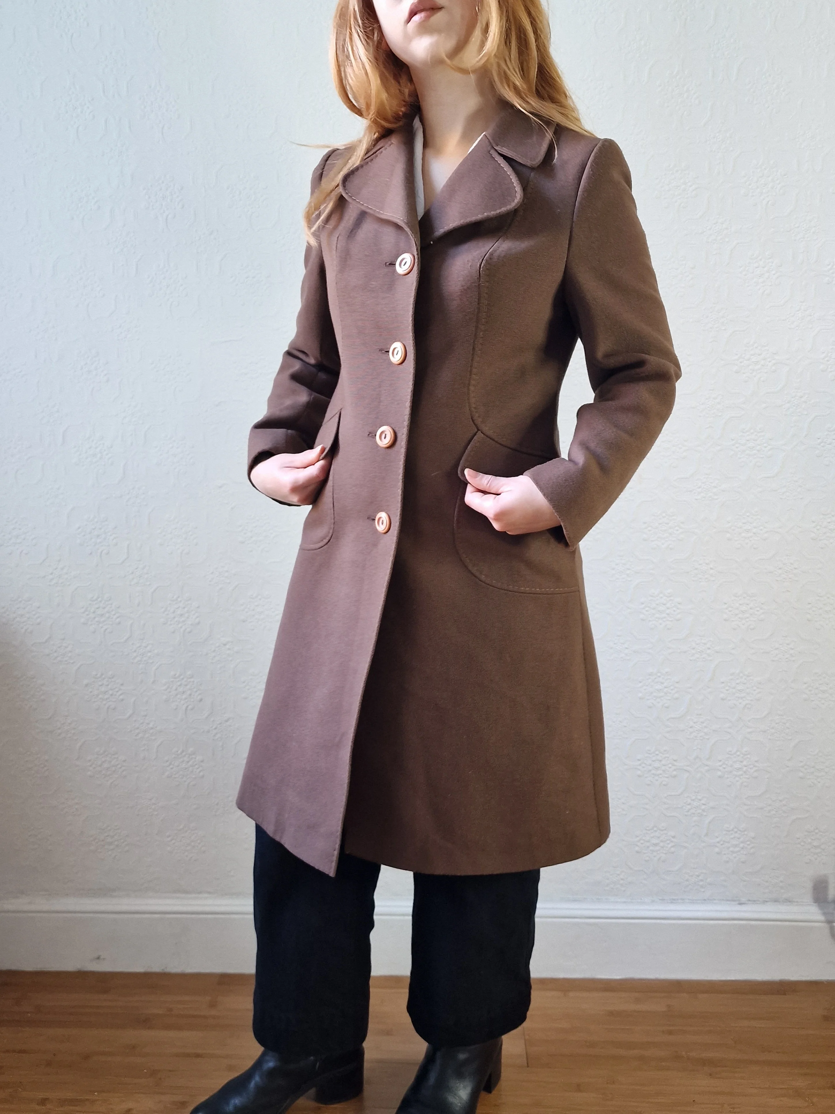 Vintage 70s Brown Wool Single Breasted Coat - XS - Image 10