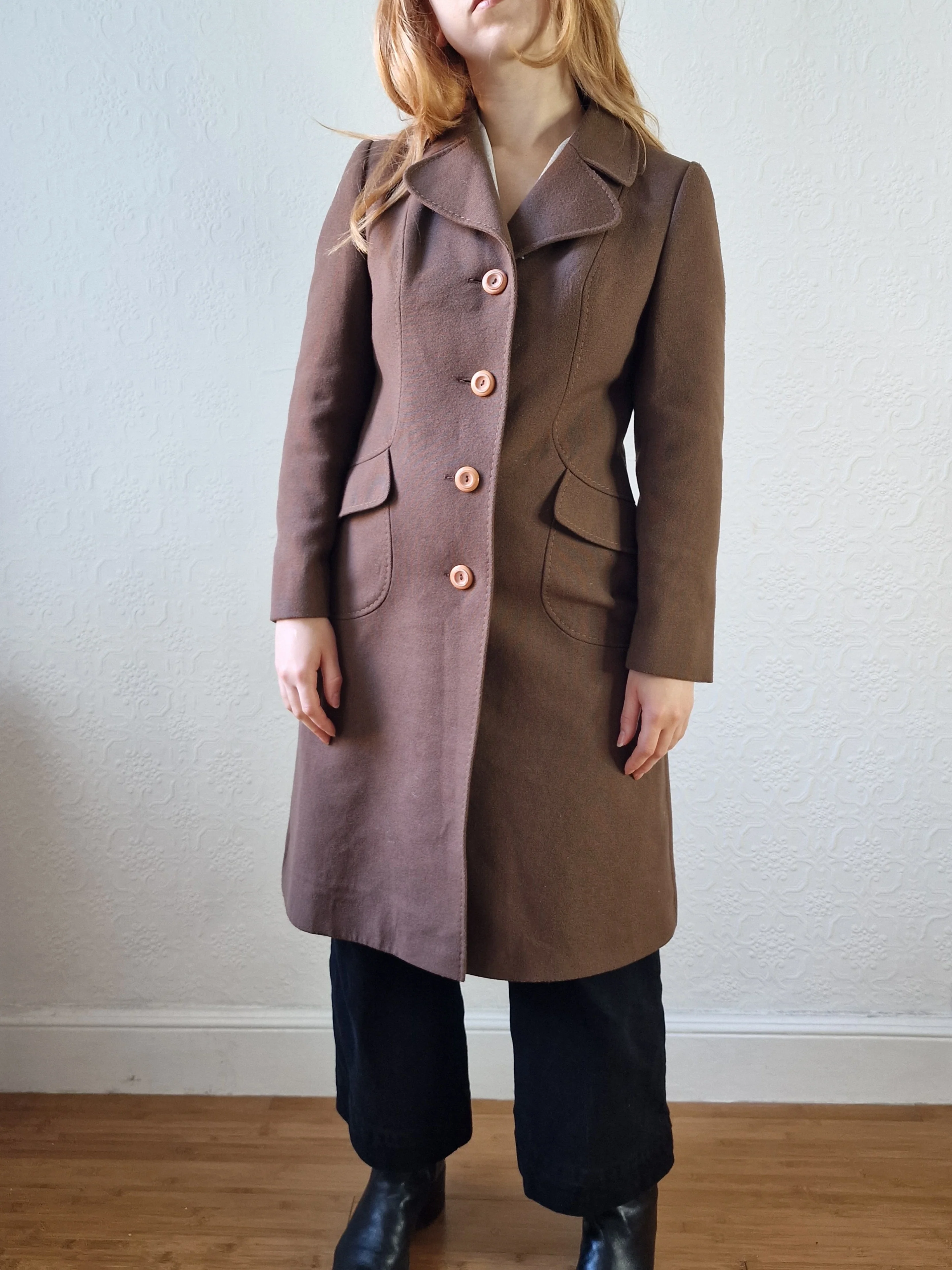 Vintage 70s Brown Wool Single Breasted Coat - XS - Image 8