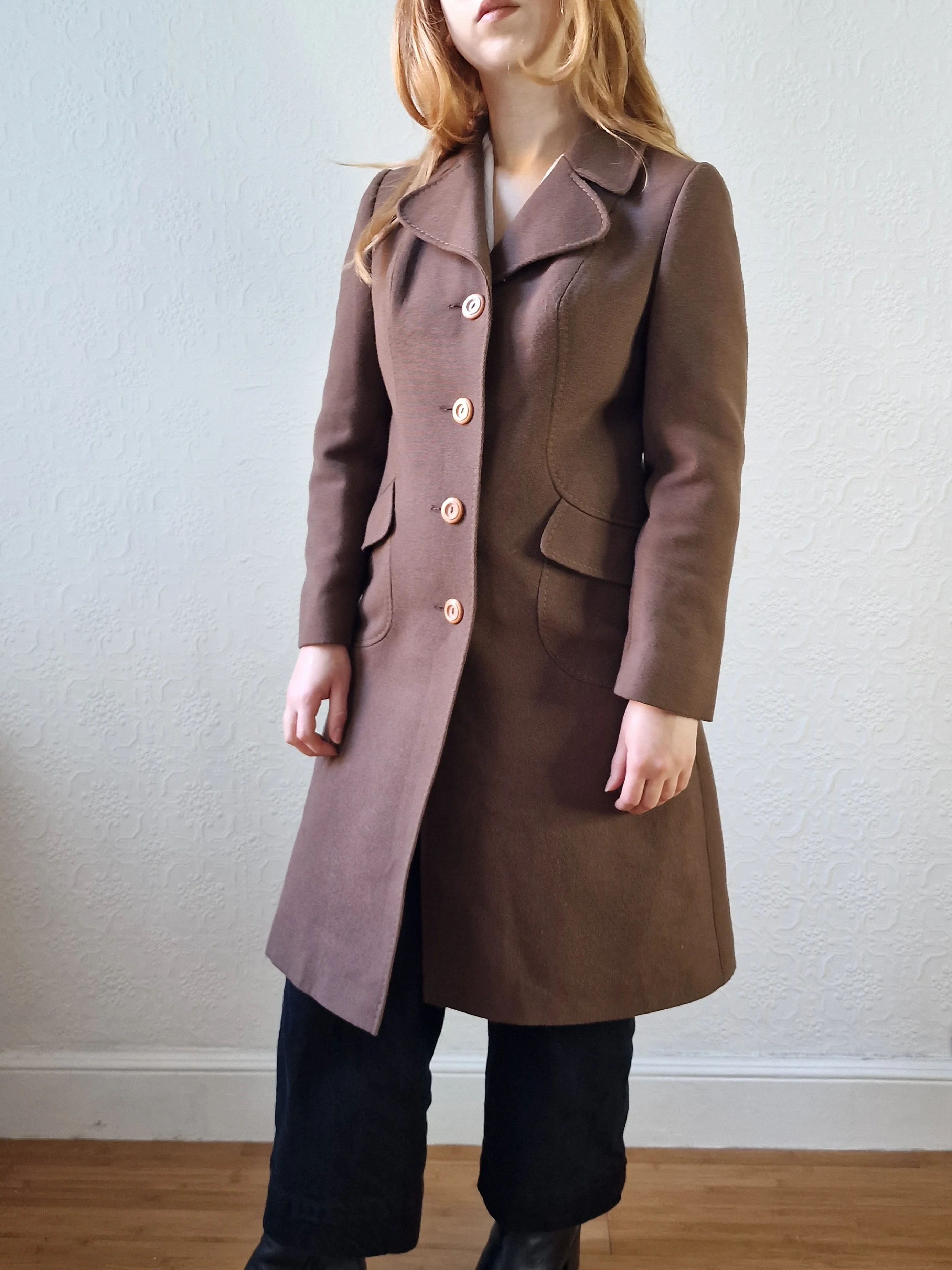 Vintage 70s Brown Wool Single Breasted Coat - XS - Image 9