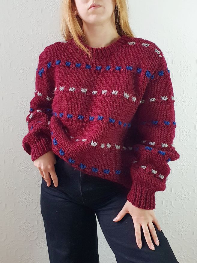 Vintage 70s Burgundy Crew Neck Knitted Jumper with Blue & White Accents - M/L