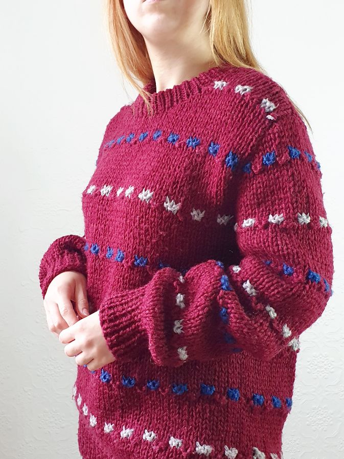 Vintage 70s Burgundy Crew Neck Knitted Jumper with Blue & White Accents - M/L - Image 10