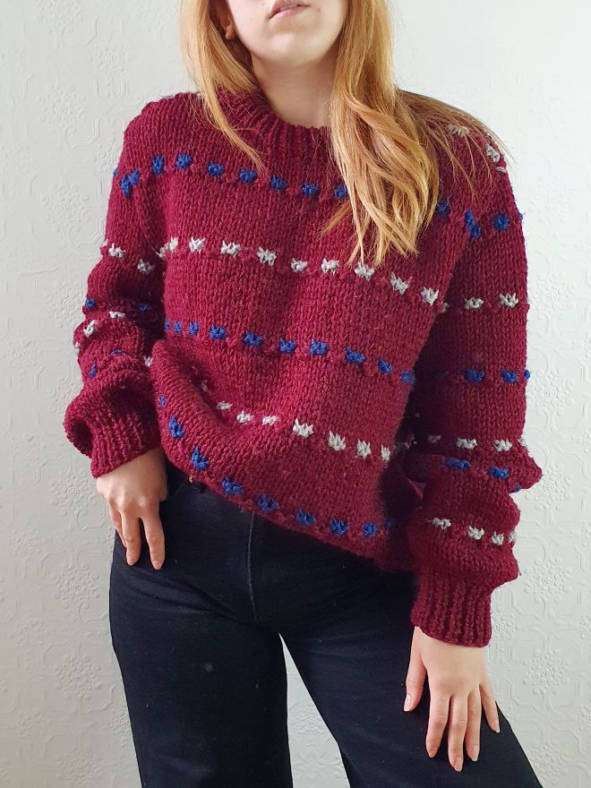 Vintage 70s Burgundy Crew Neck Knitted Jumper with Blue & White Accents - M/L - Image 2