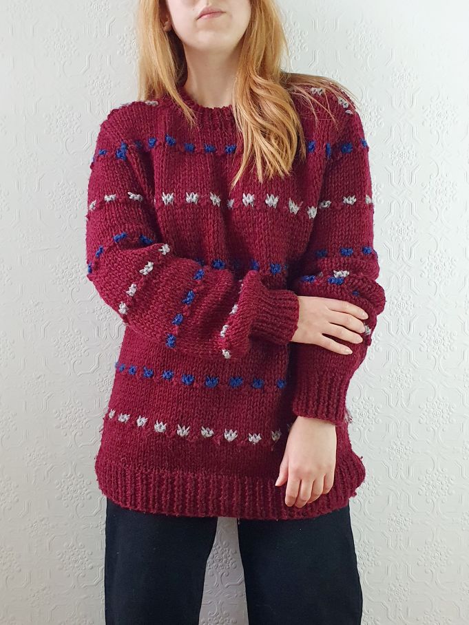 Vintage 70s Burgundy Crew Neck Knitted Jumper with Blue & White Accents - M/L - Image 3