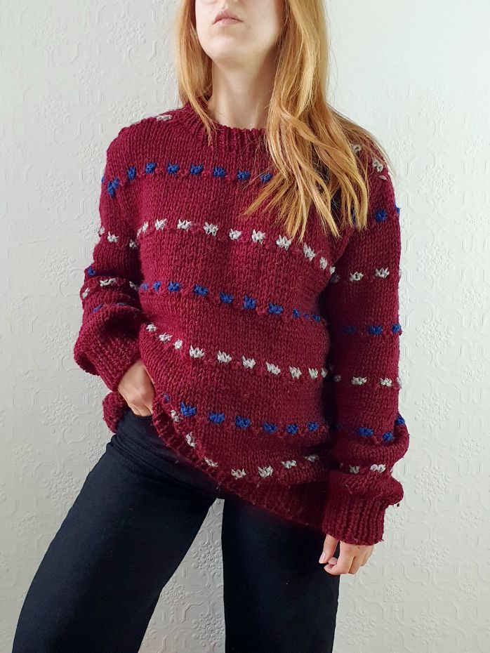 Vintage 70s Burgundy Crew Neck Knitted Jumper with Blue & White Accents - M/L - Image 4
