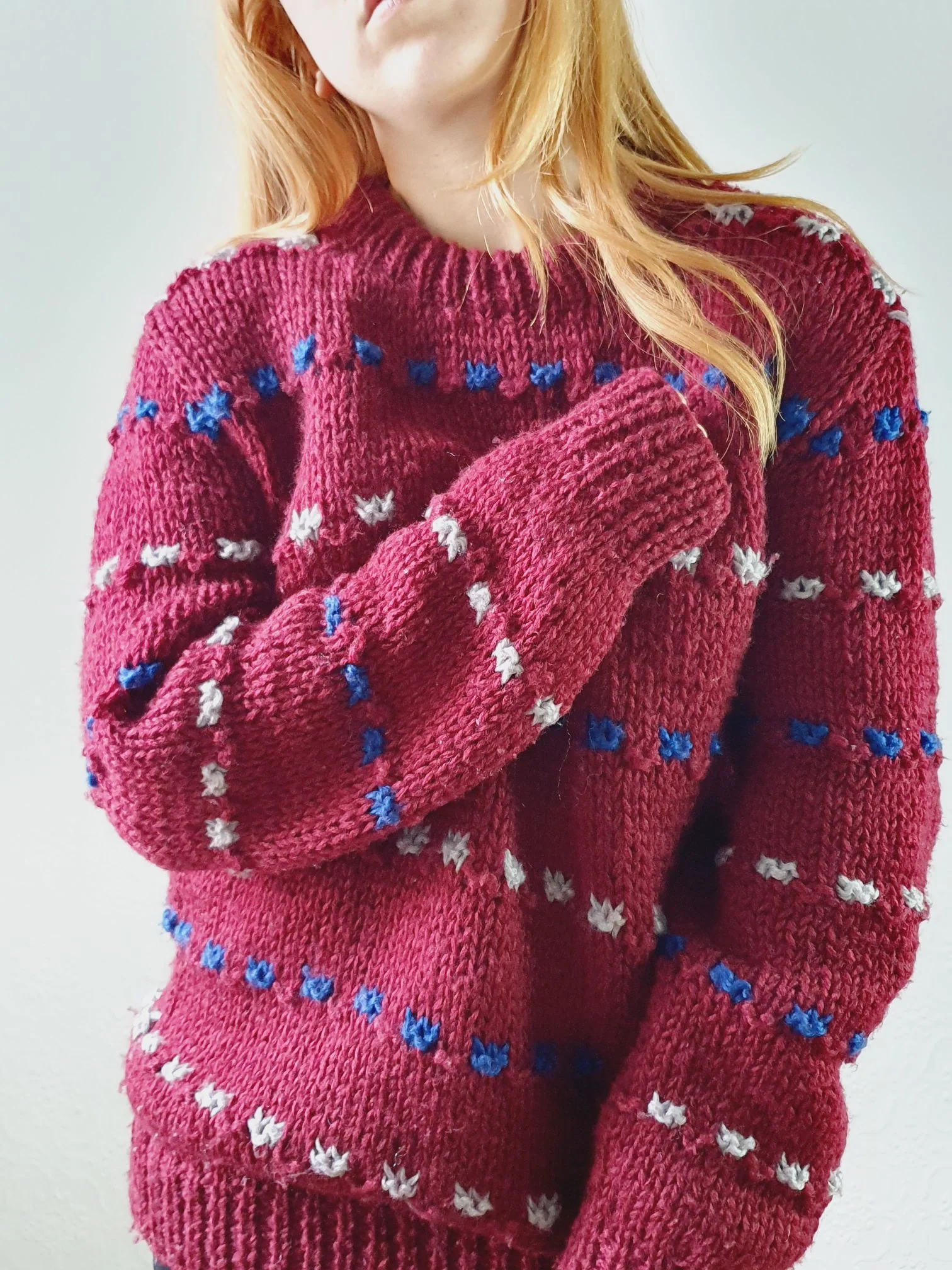 Vintage 70s Burgundy Crew Neck Knitted Jumper with Blue & White Accents - M/L - Image 5
