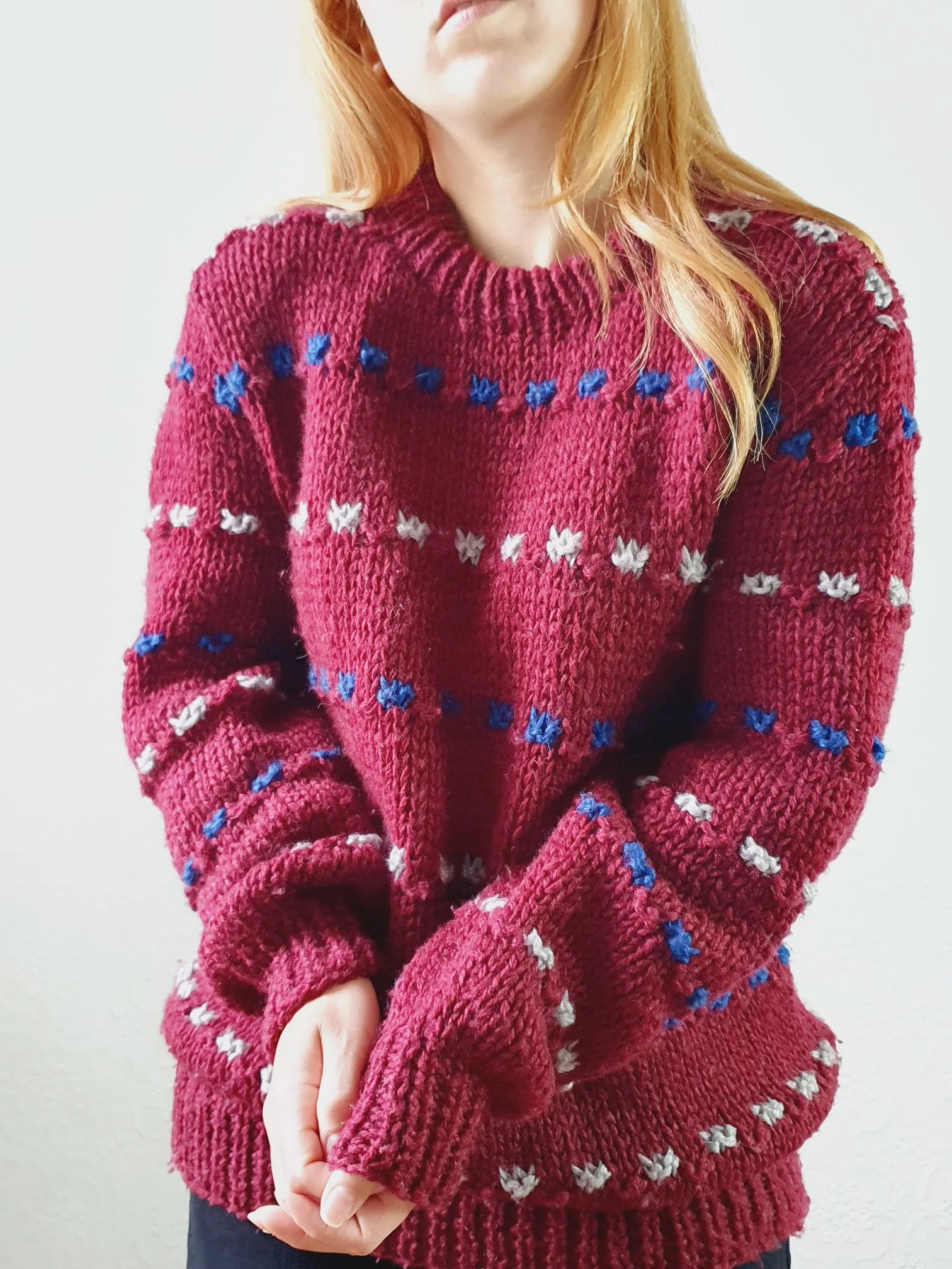 Vintage 70s Burgundy Crew Neck Knitted Jumper with Blue & White Accents - M/L - Image 6