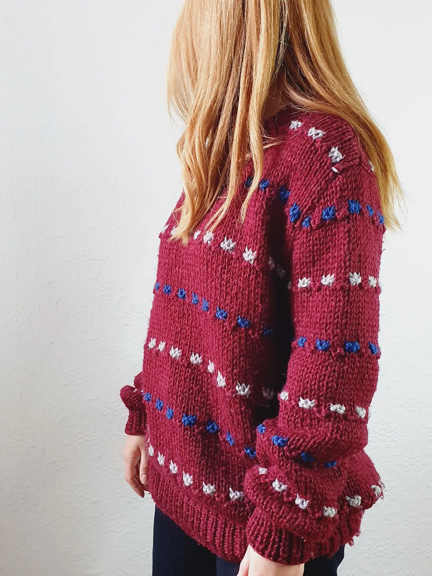 Vintage 70s Burgundy Crew Neck Knitted Jumper with Blue & White Accents - M/L - Image 7