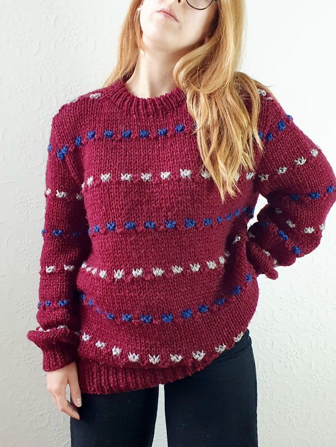 Vintage 70s Burgundy Crew Neck Knitted Jumper with Blue & White Accents - M/L - Image 8