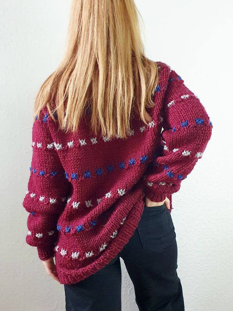 Vintage 70s Burgundy Crew Neck Knitted Jumper with Blue & White Accents - M/L - Image 9