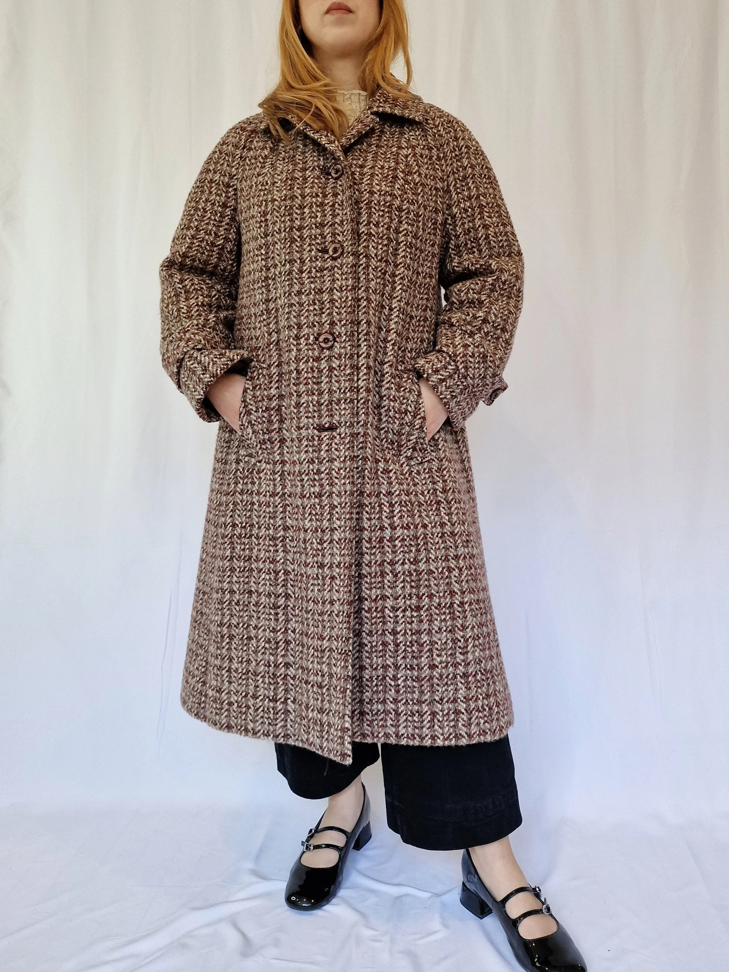 Vintage 70s Burgundy & Grey Single Breasted Wool Coat - S/M