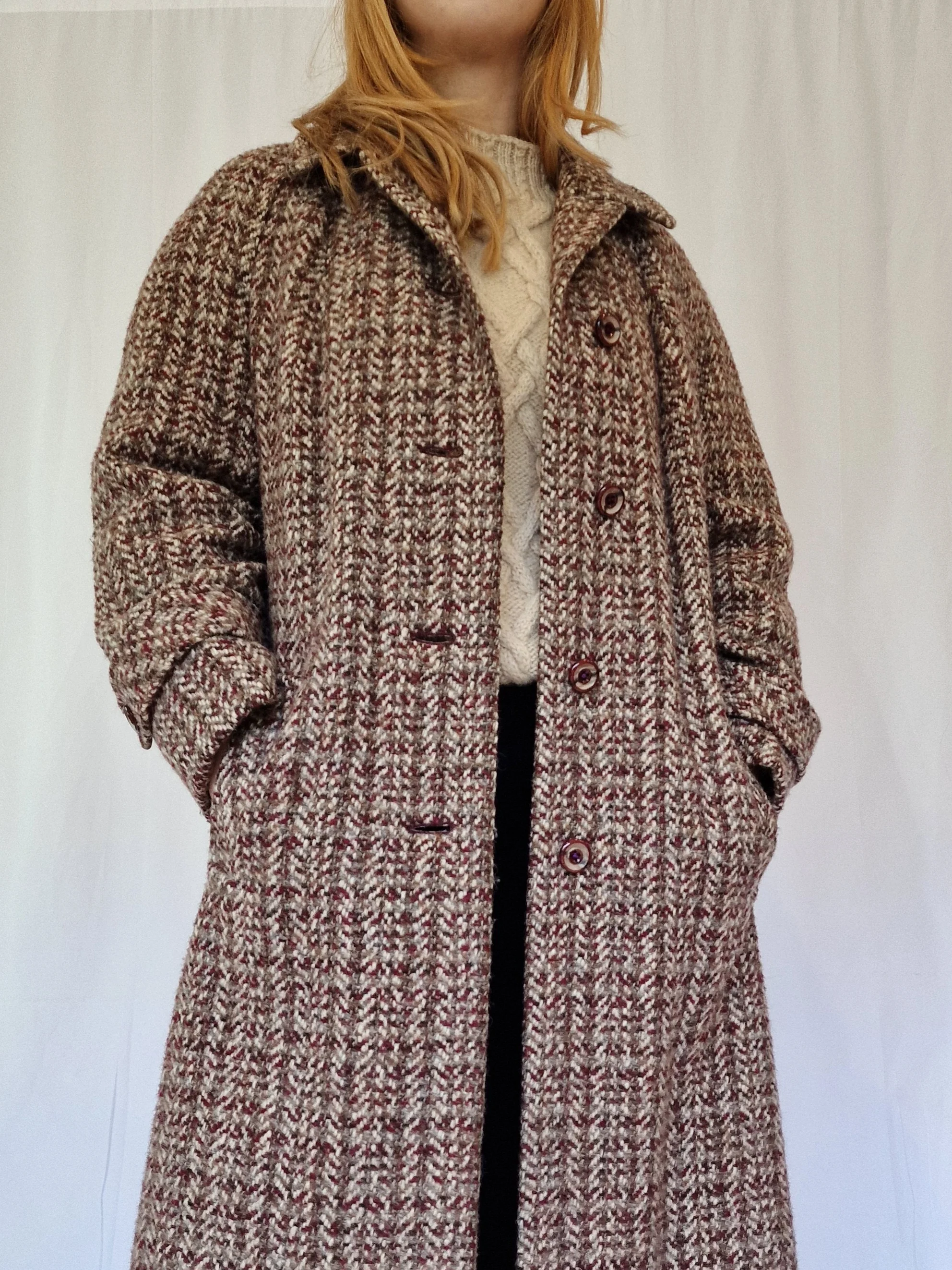 Vintage 70s Burgundy & Grey Single Breasted Wool Coat - S/M - Image 2