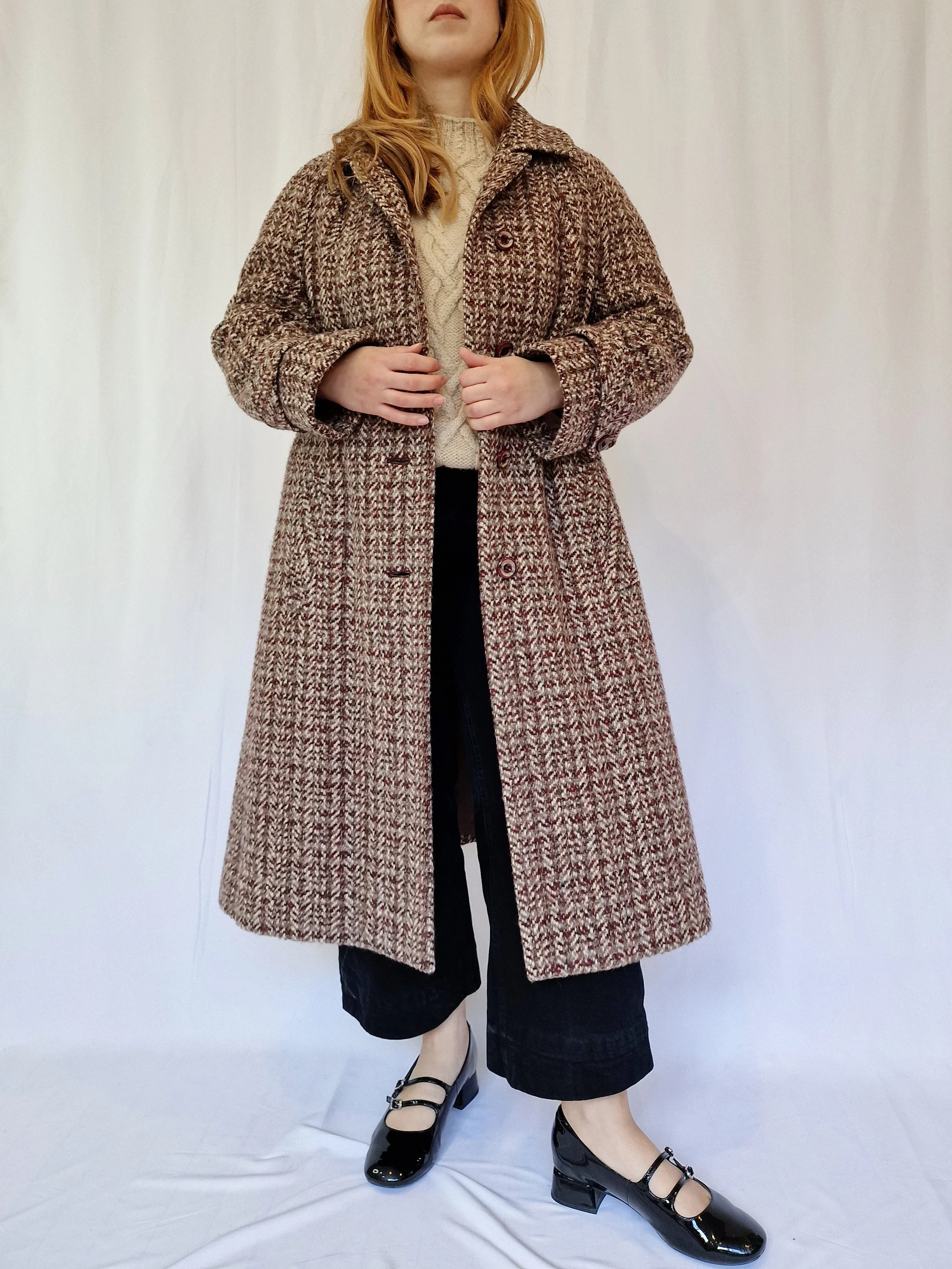 Vintage 70s Burgundy & Grey Single Breasted Wool Coat - S/M - Image 3