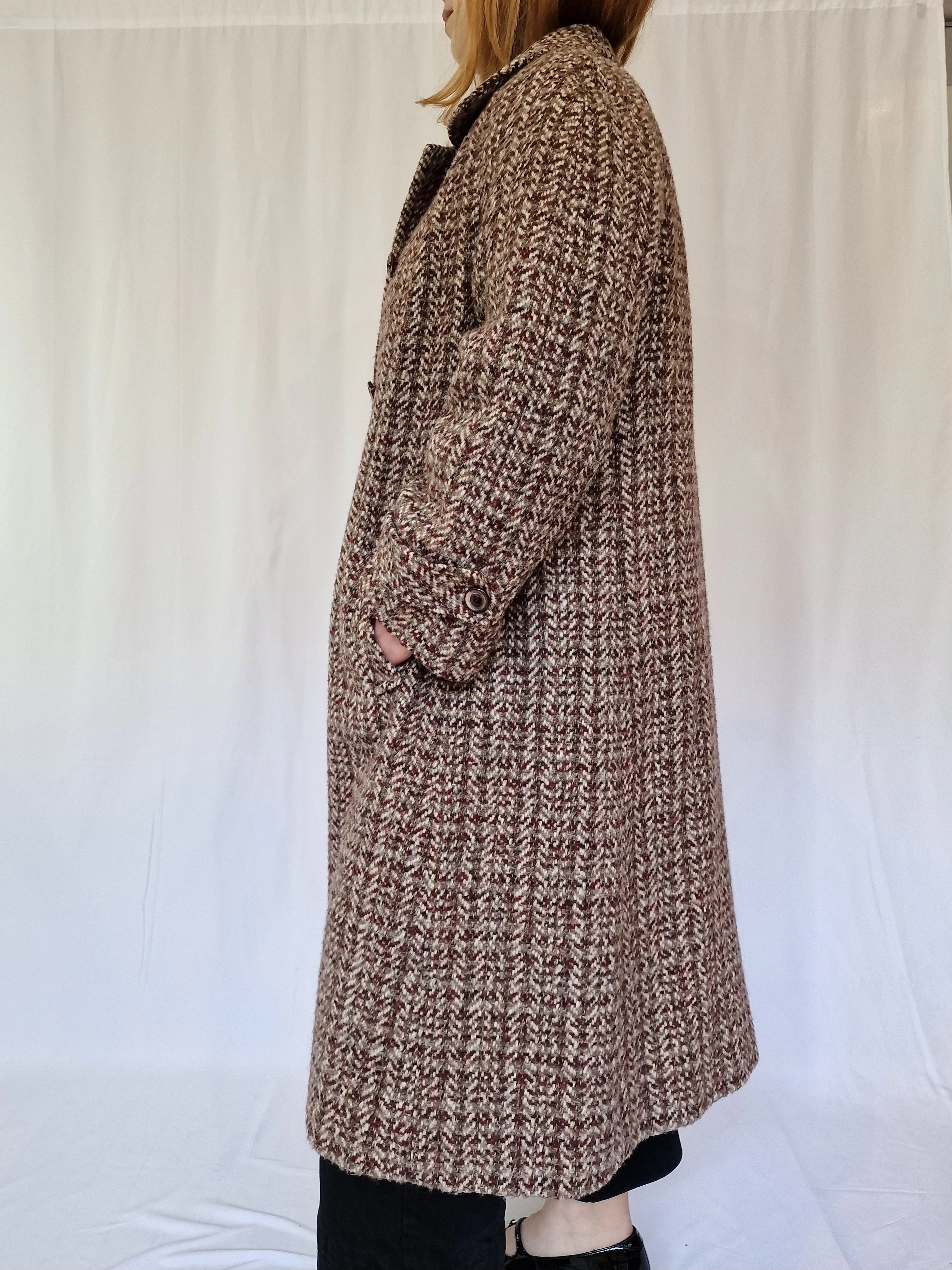 Vintage 70s Burgundy & Grey Single Breasted Wool Coat - S/M - Image 4
