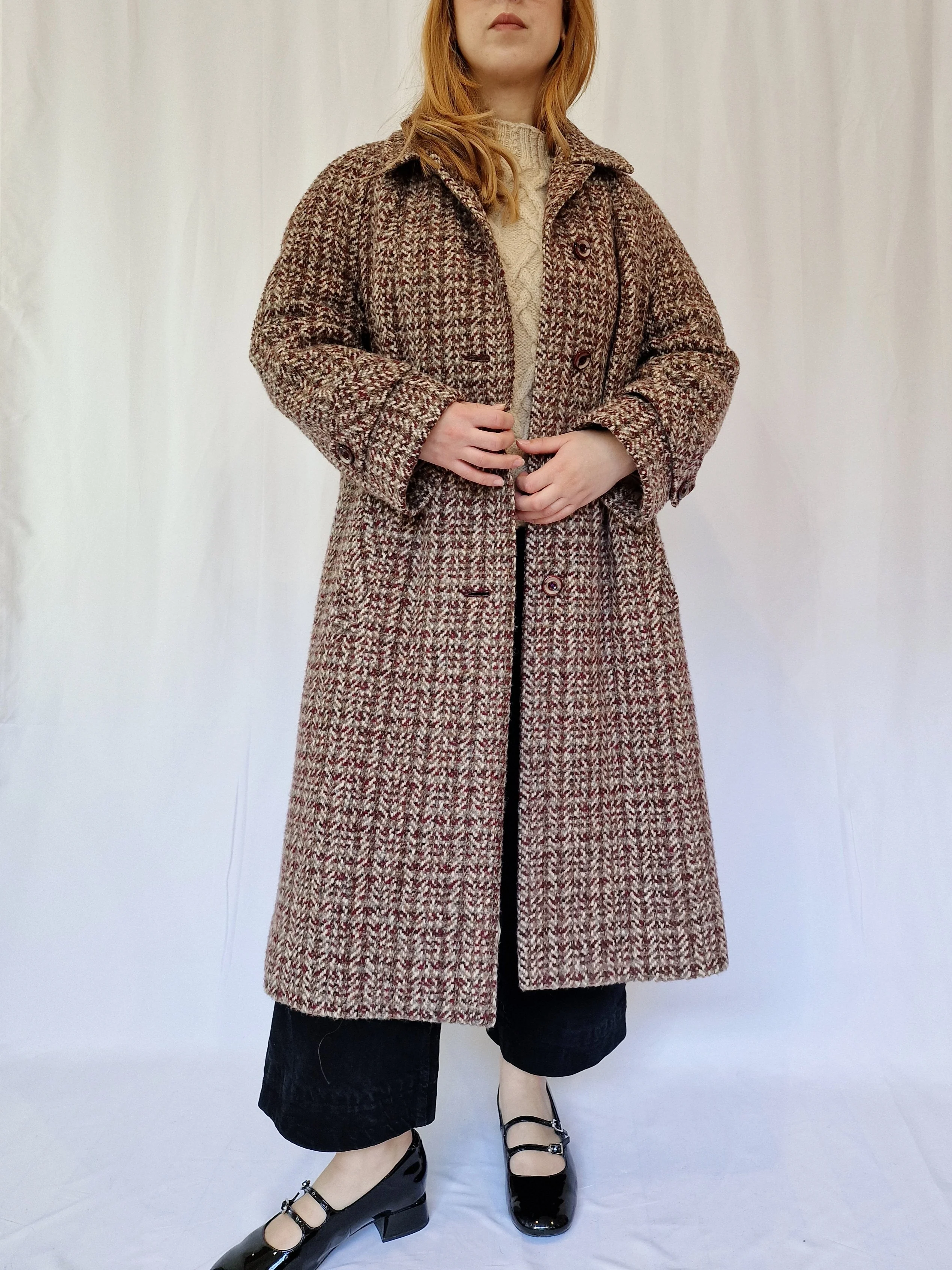 Vintage 70s Burgundy & Grey Single Breasted Wool Coat - S/M - Image 6