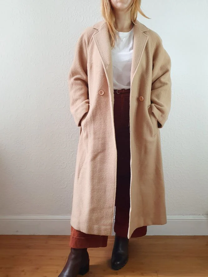 Vintage 70s Camel Beige Pure Wool Long Trench Coat with Belt - S/M