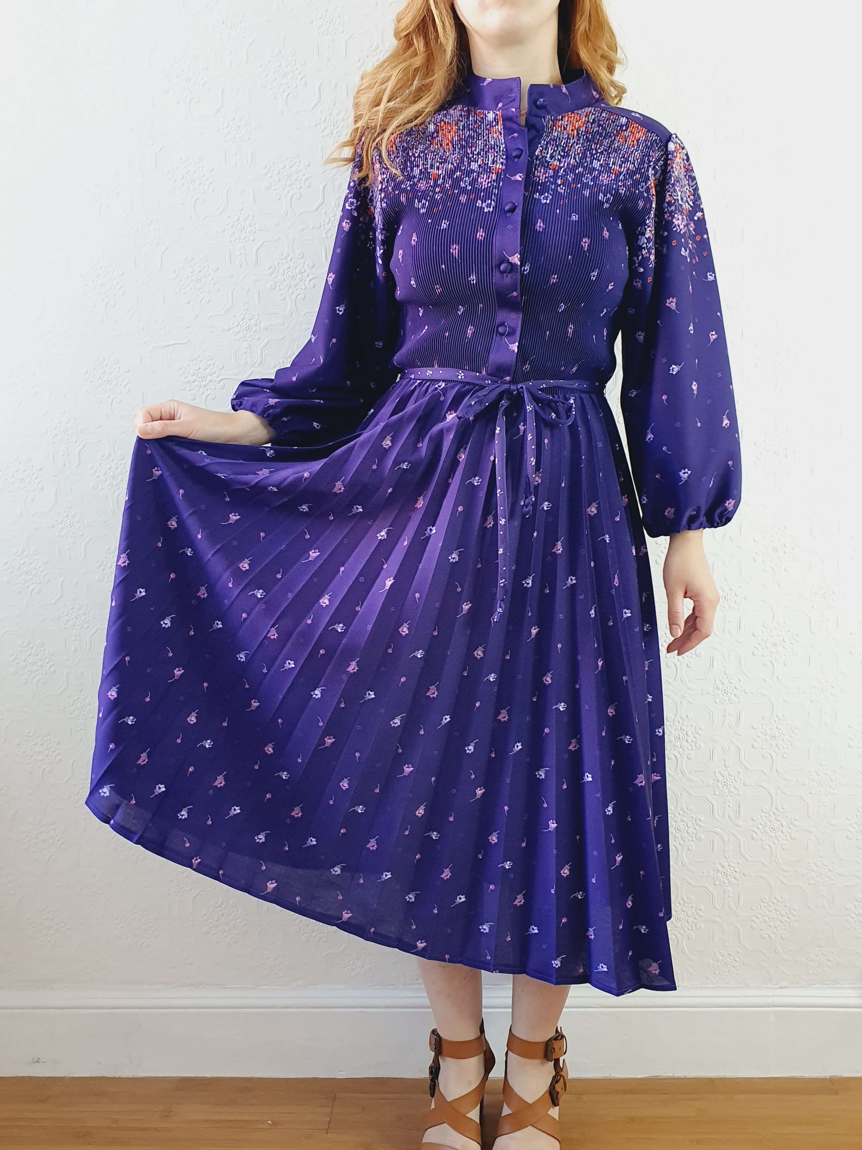 Vintage 70s Deep Purple Floral Dress with Pleated Skirt and Balloon Sleeves -S/M