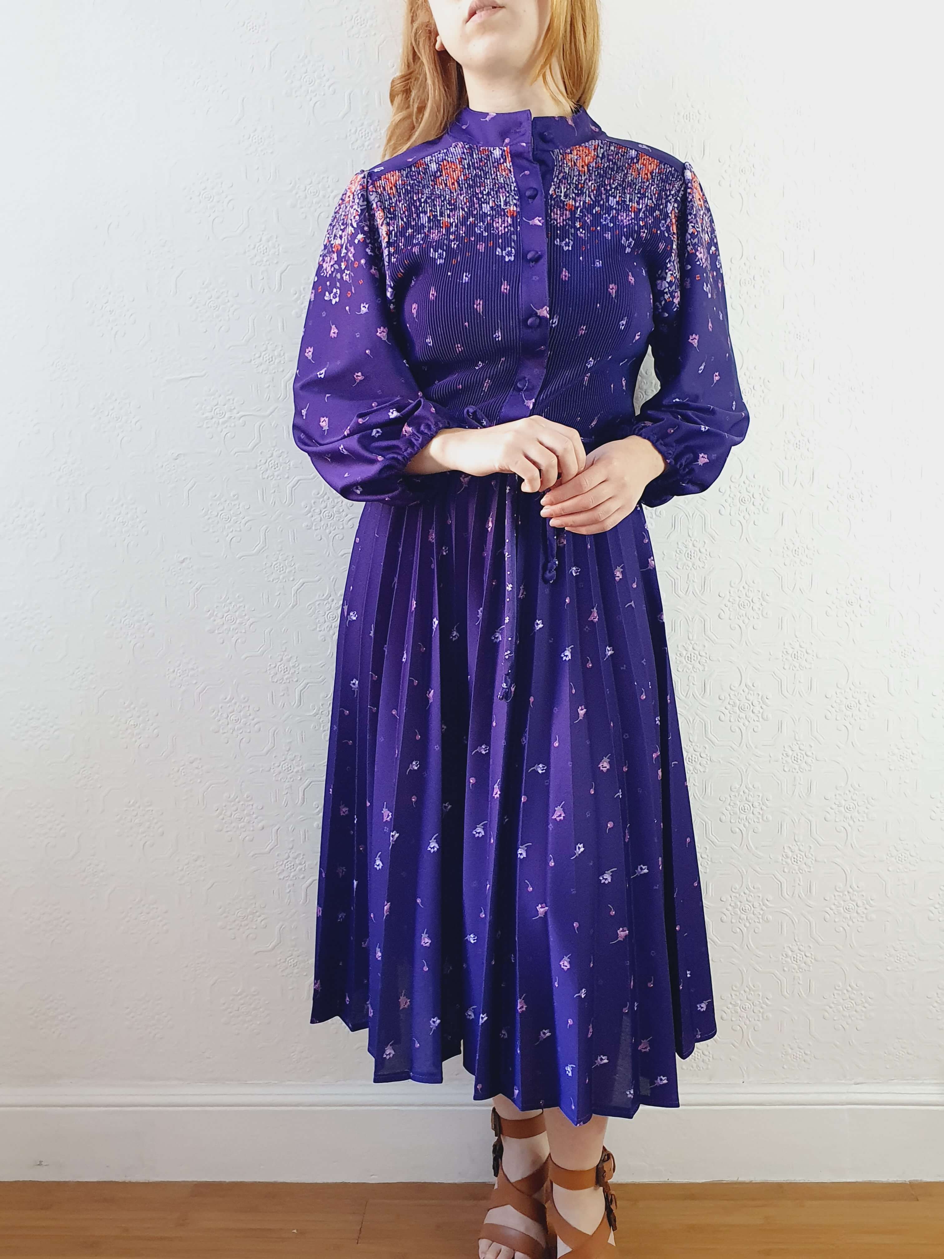 Vintage 70s Deep Purple Floral Dress with Pleated Skirt and Balloon Sleeves -S/M - Image 10