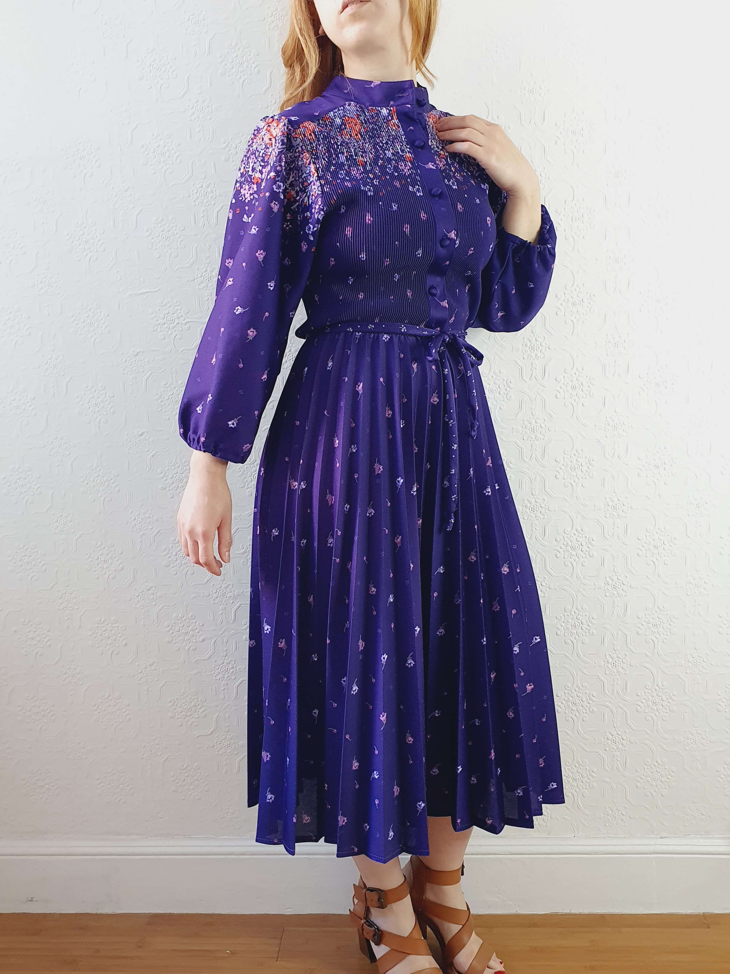 Vintage 70s Deep Purple Floral Dress with Pleated Skirt and Balloon Sleeves -S/M - Image 11