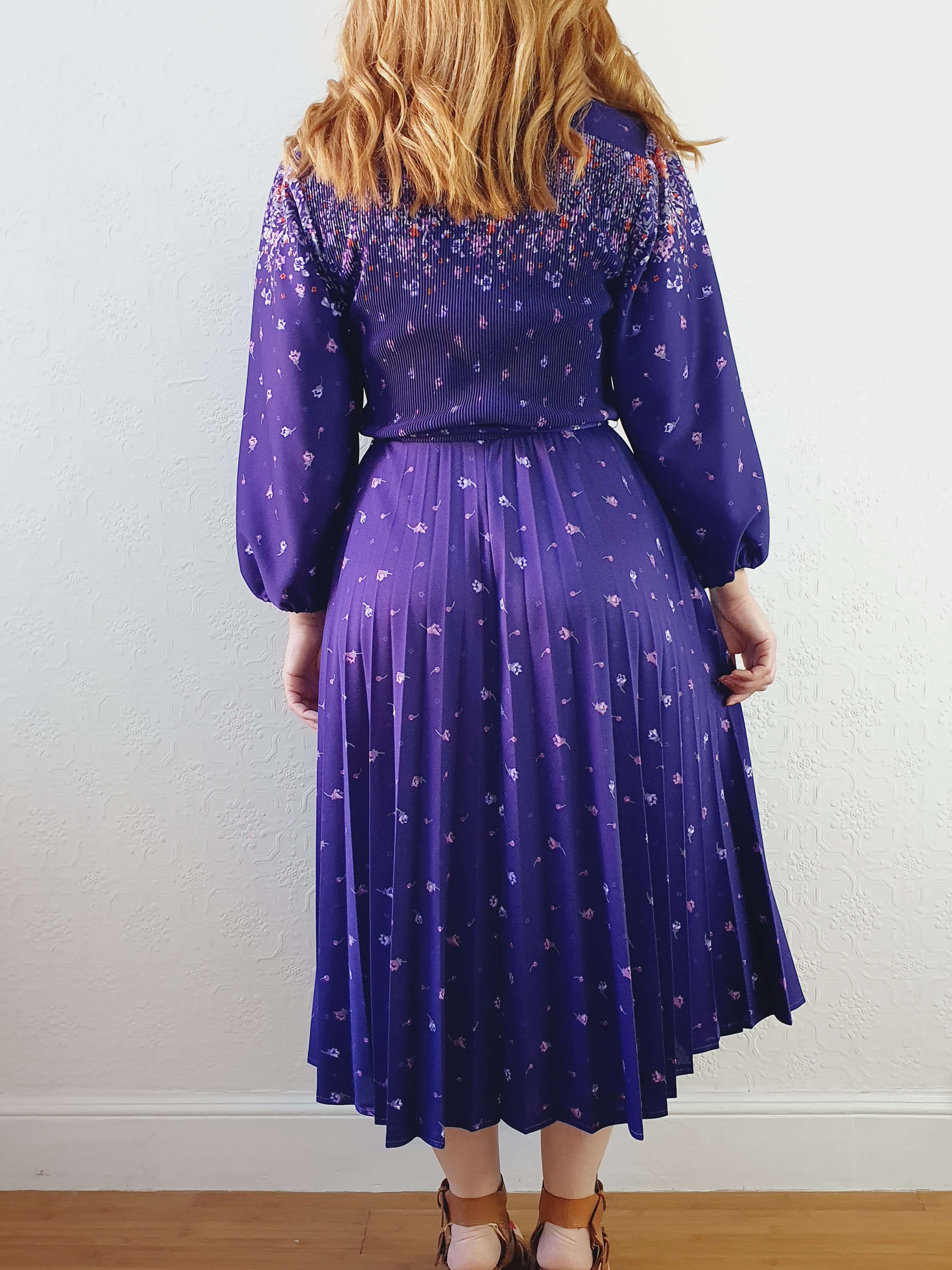 Vintage 70s Deep Purple Floral Dress with Pleated Skirt and Balloon Sleeves -S/M - Image 12