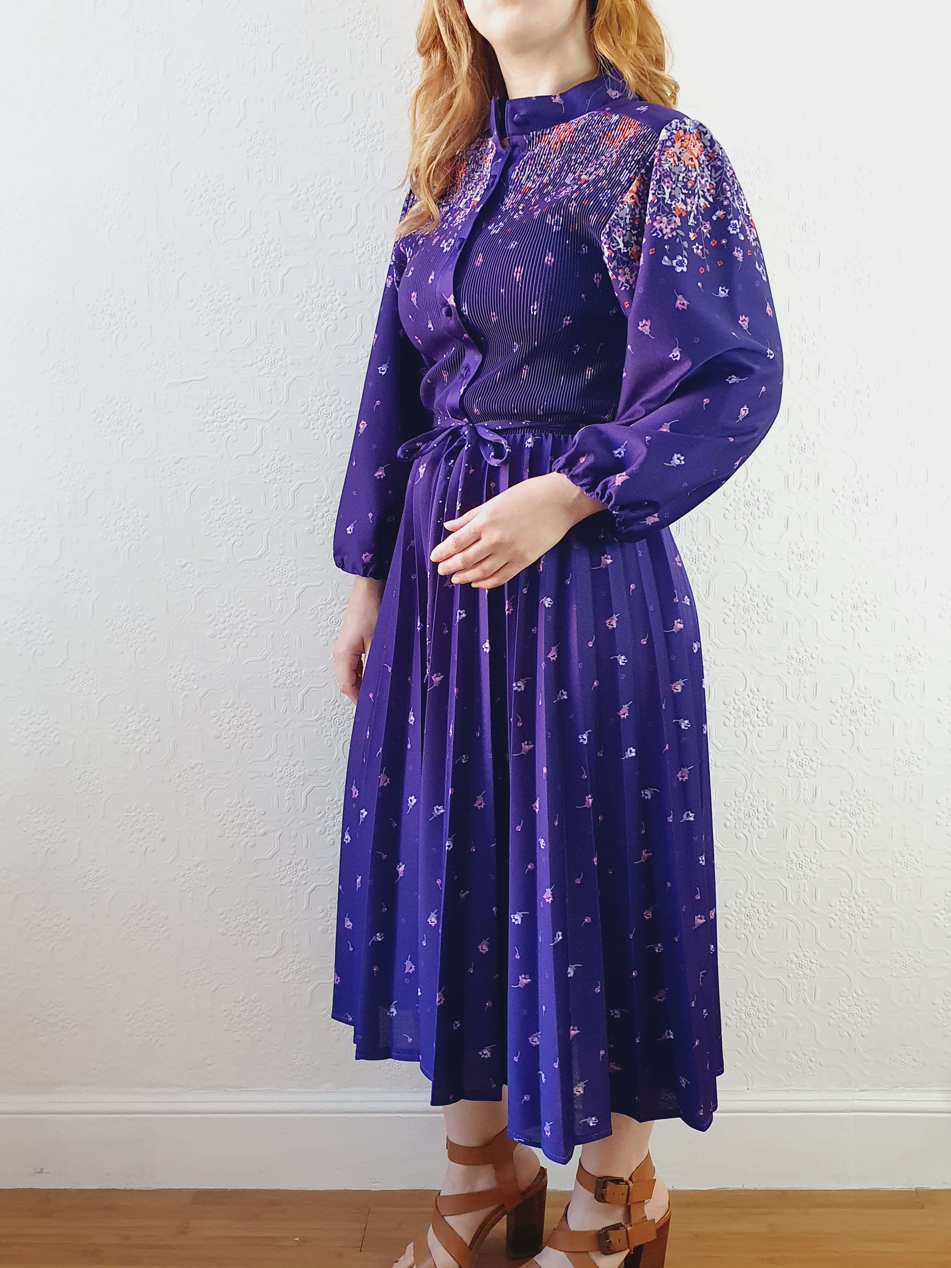 Vintage 70s Deep Purple Floral Dress with Pleated Skirt and Balloon Sleeves -S/M - Image 13