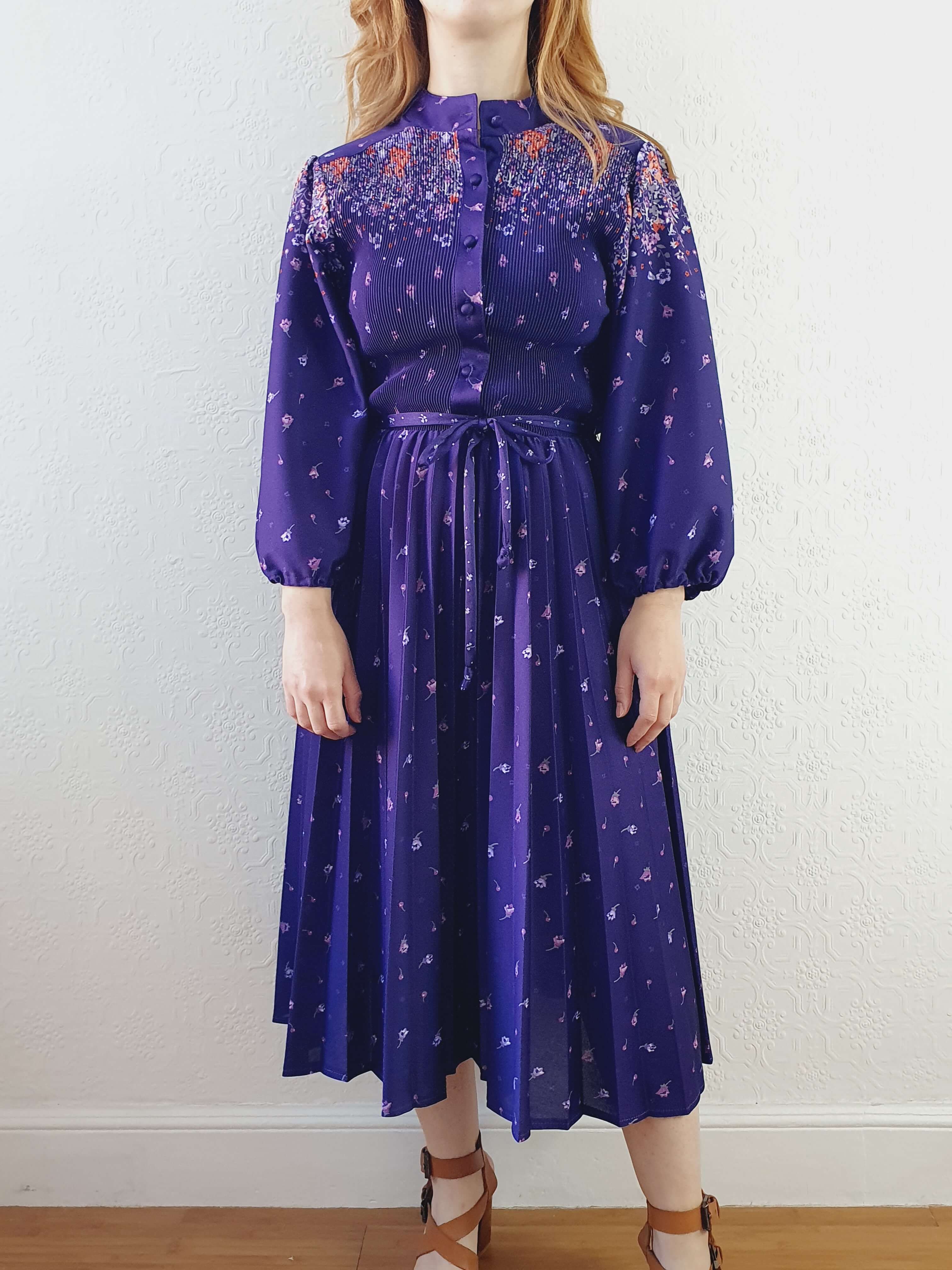 Vintage 70s Deep Purple Floral Dress with Pleated Skirt and Balloon Sleeves -S/M - Image 2