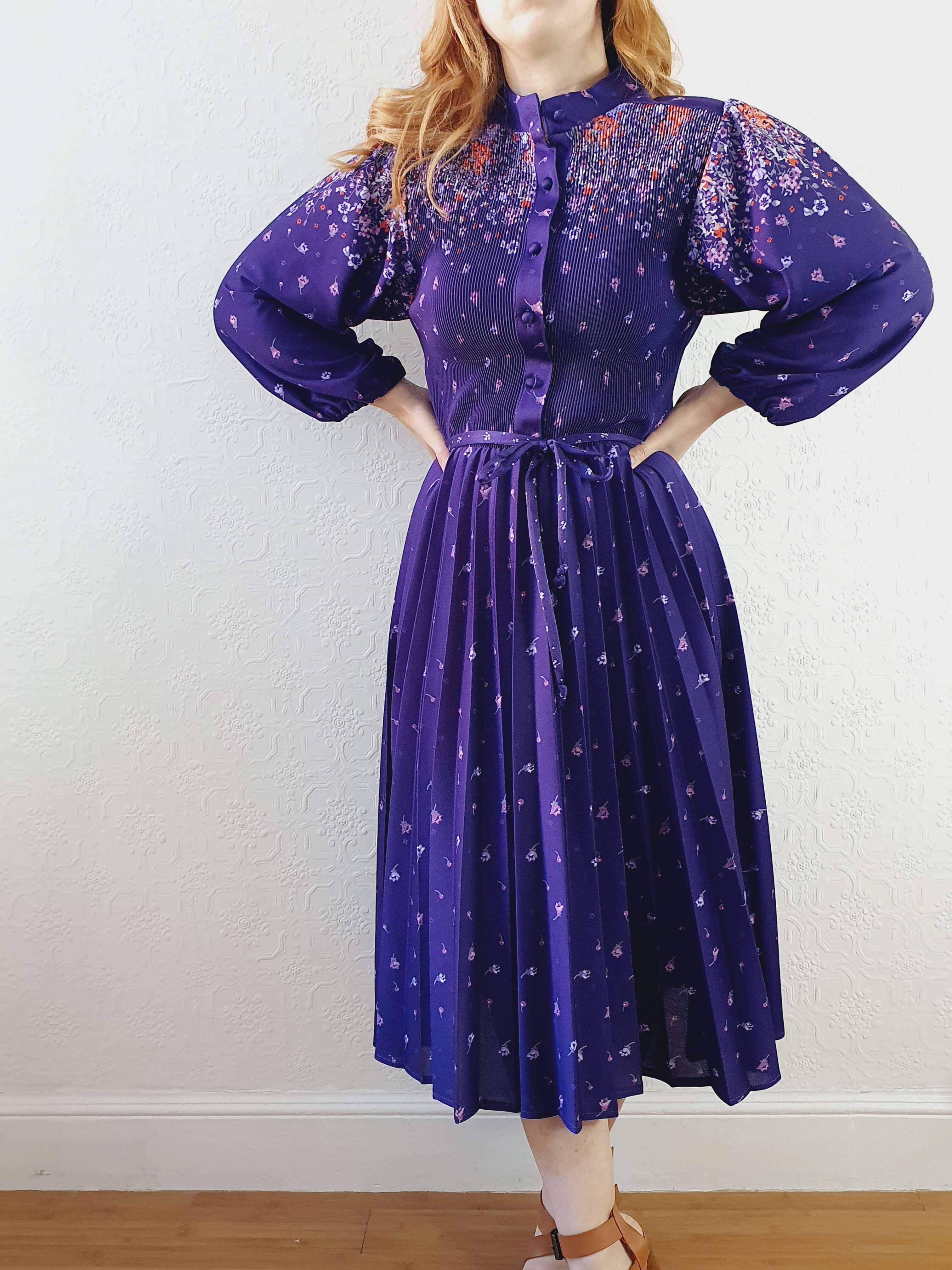 Vintage 70s Deep Purple Floral Dress with Pleated Skirt and Balloon Sleeves -S/M - Image 4