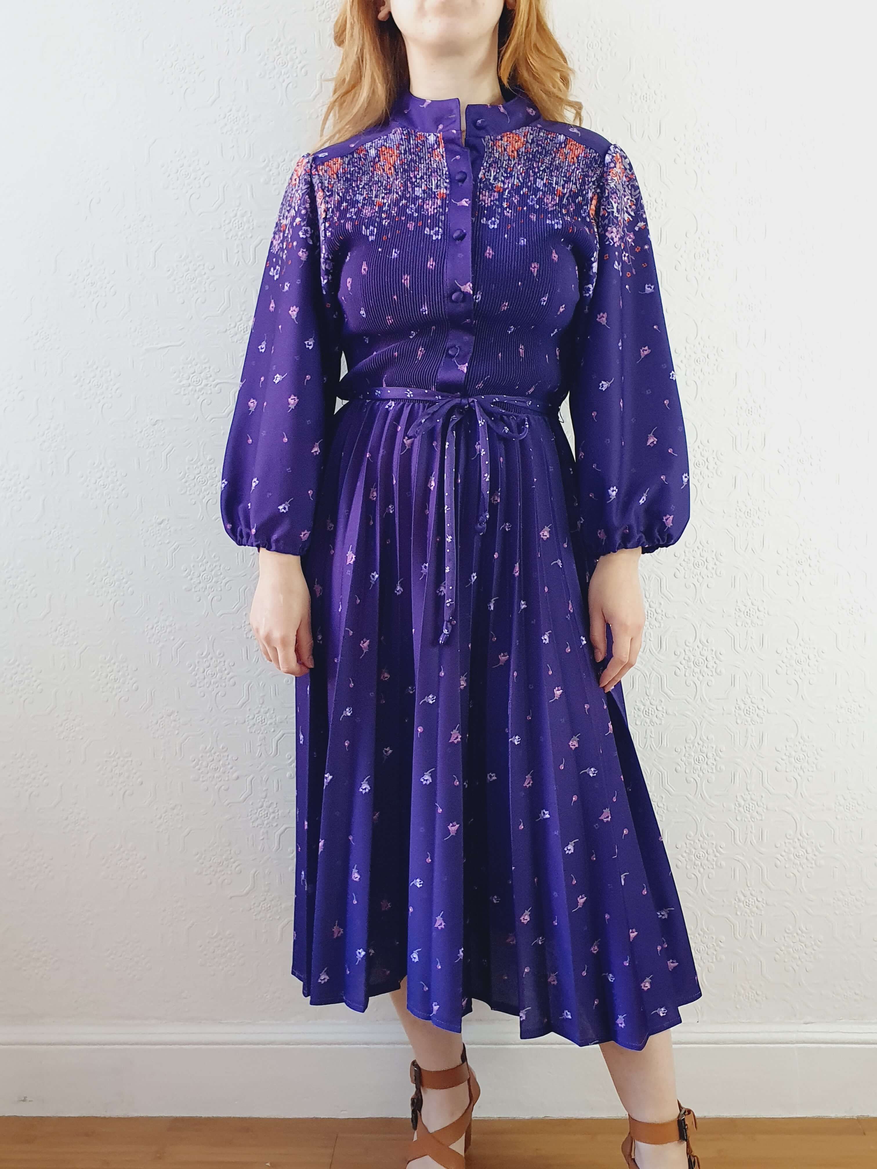 Vintage 70s Deep Purple Floral Dress with Pleated Skirt and Balloon Sleeves -S/M - Image 6