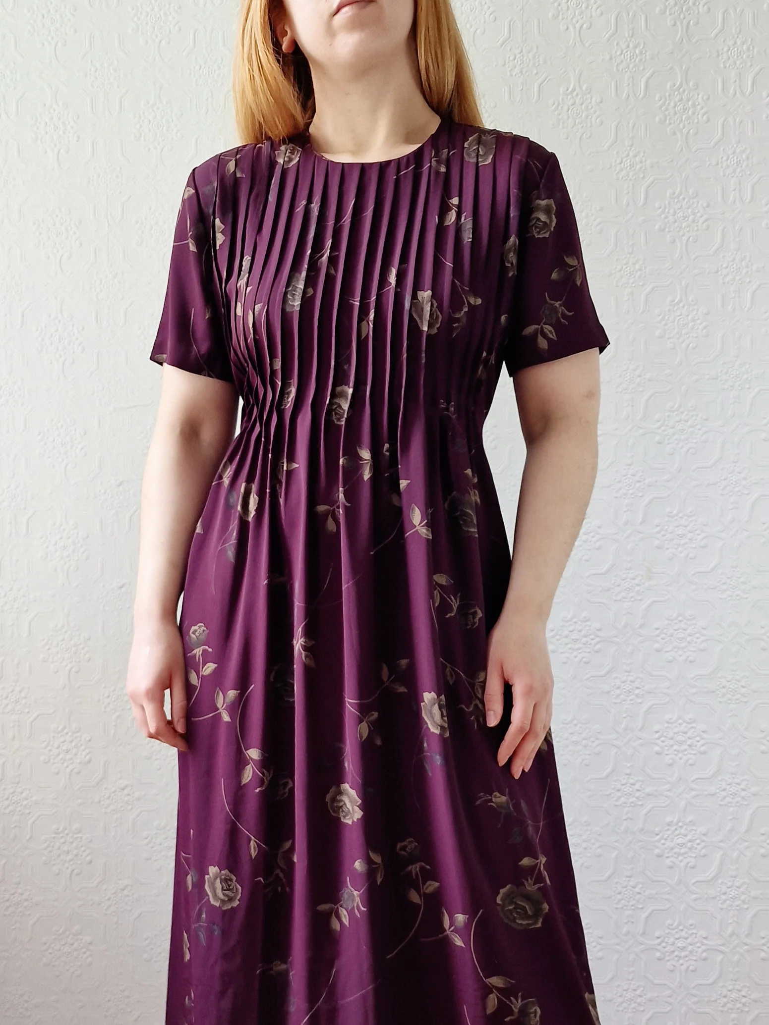 Vintage 90s Deep Purple Floral Midi Dress with Short Sleeves - S/M - Image 2