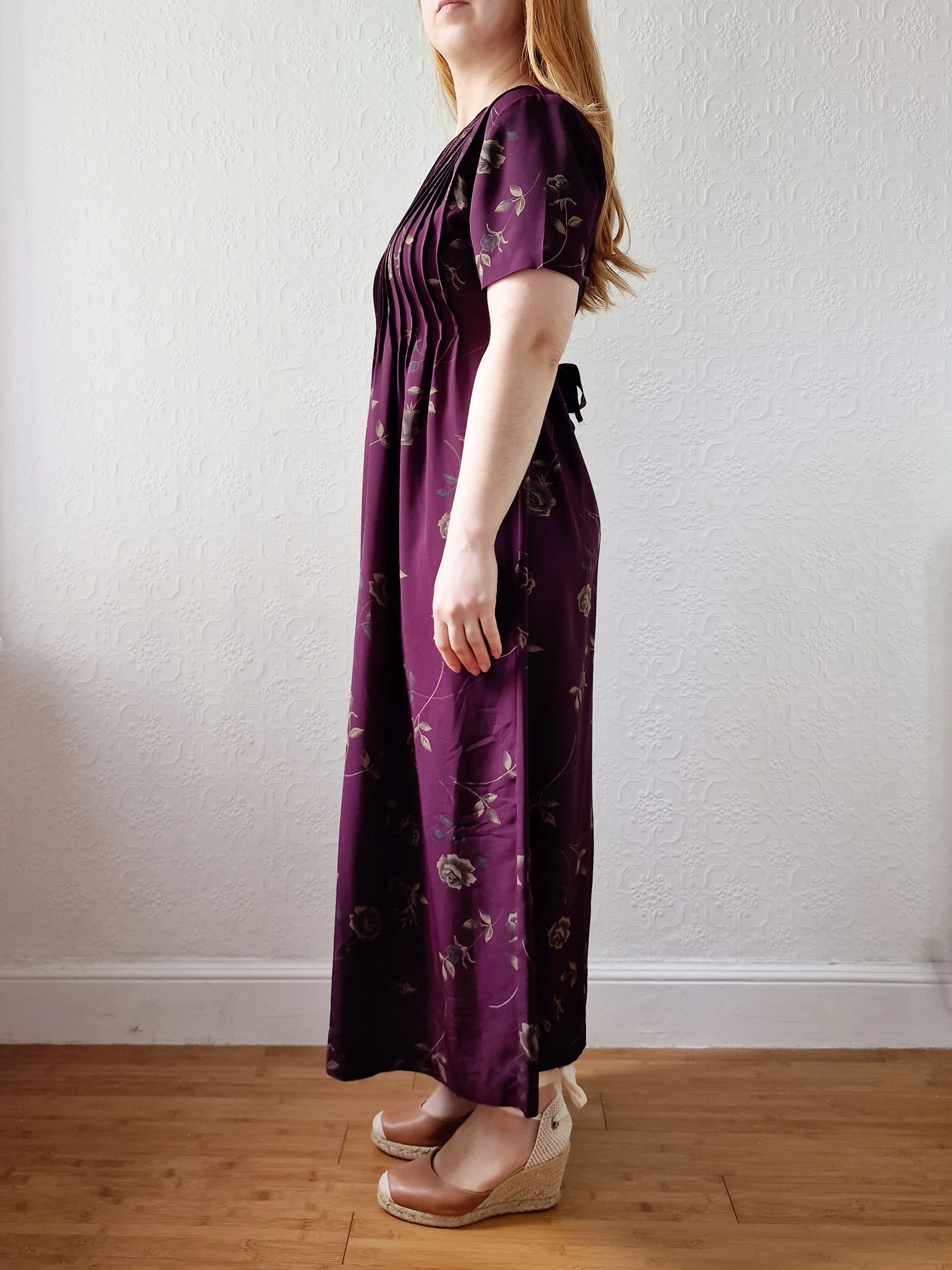 Vintage 90s Deep Purple Floral Midi Dress with Short Sleeves - S/M - Image 3