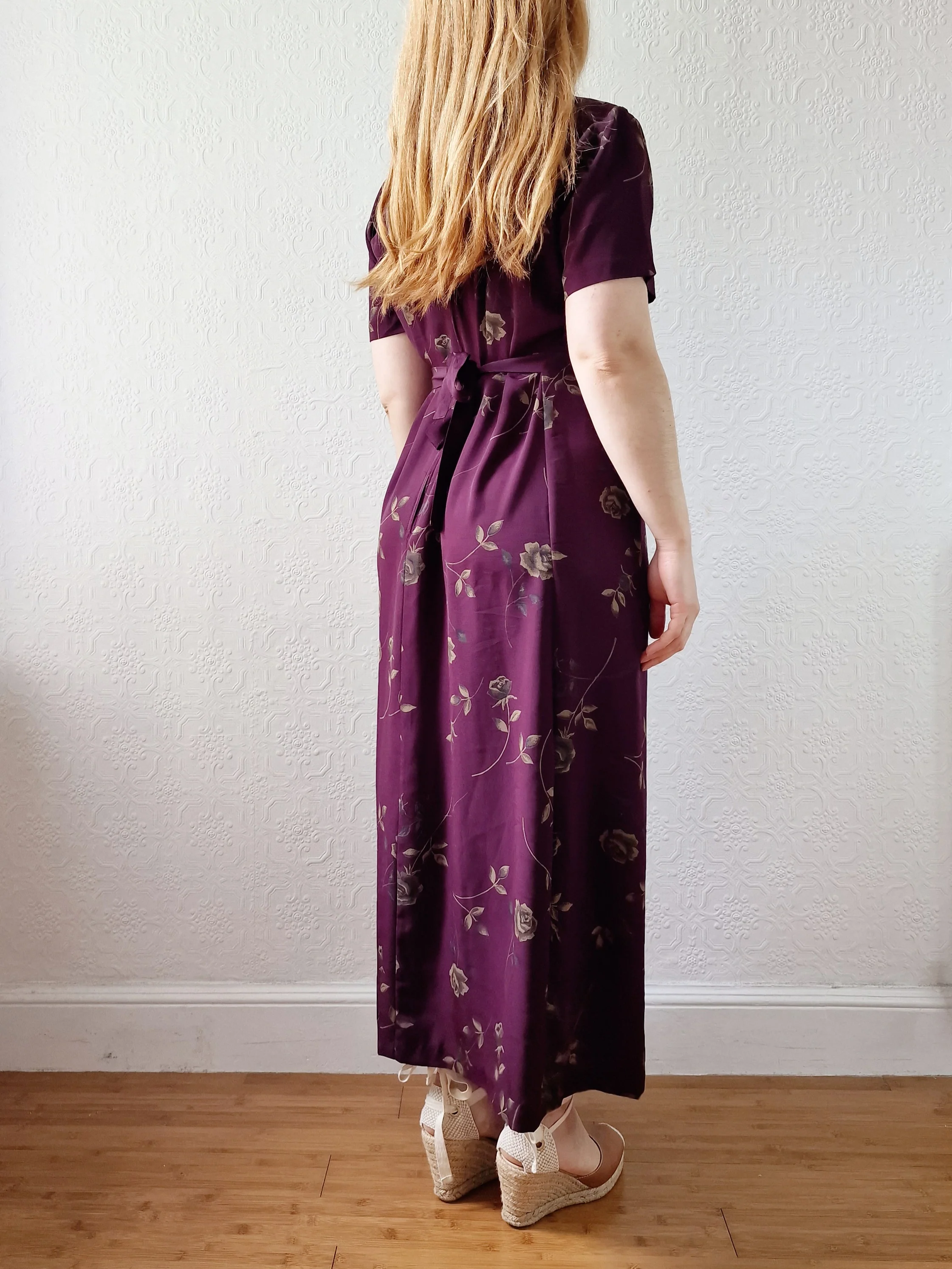 Vintage 90s Deep Purple Floral Midi Dress with Short Sleeves - S/M - Image 4