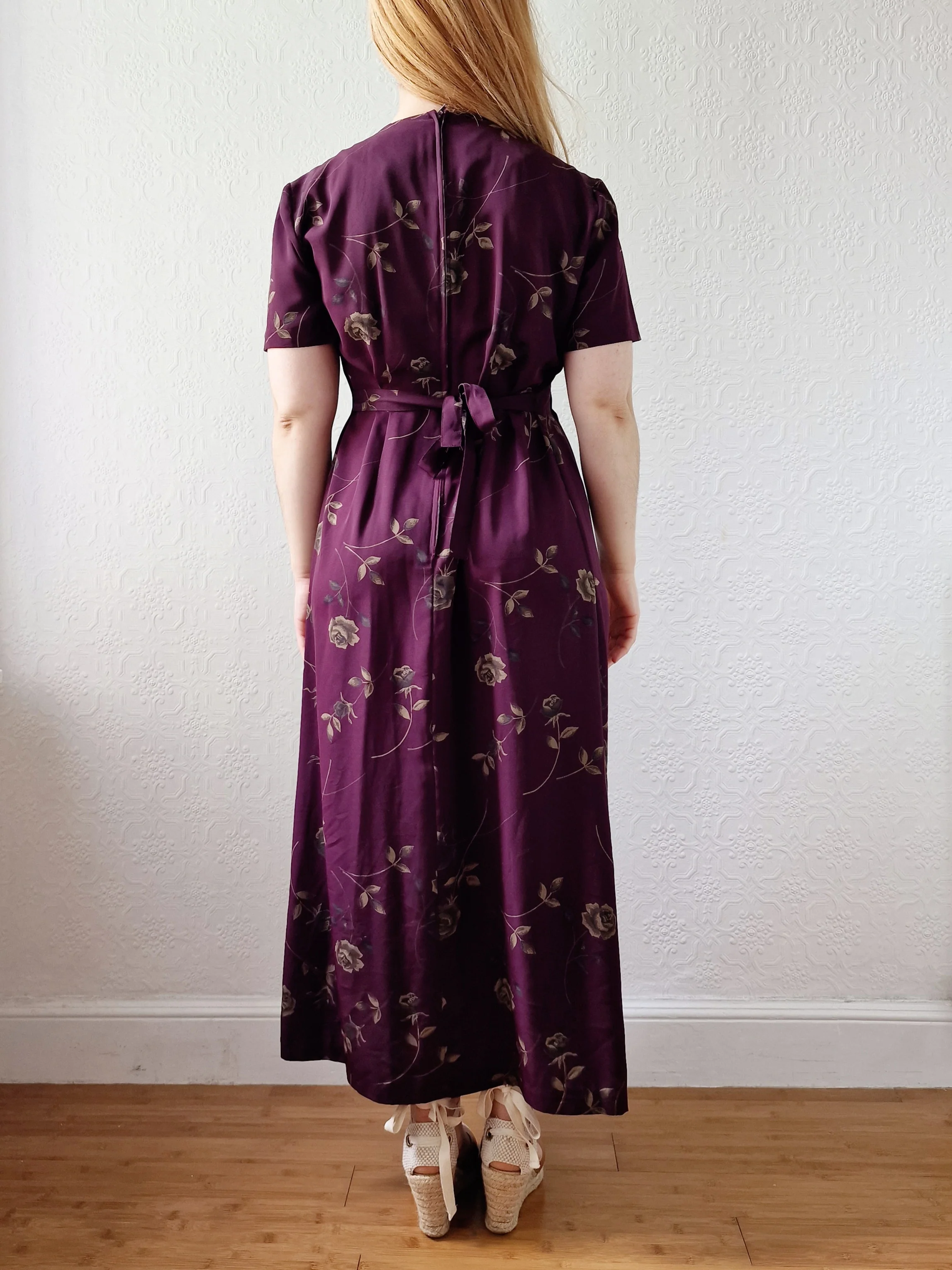Vintage 90s Deep Purple Floral Midi Dress with Short Sleeves - S/M - Image 5